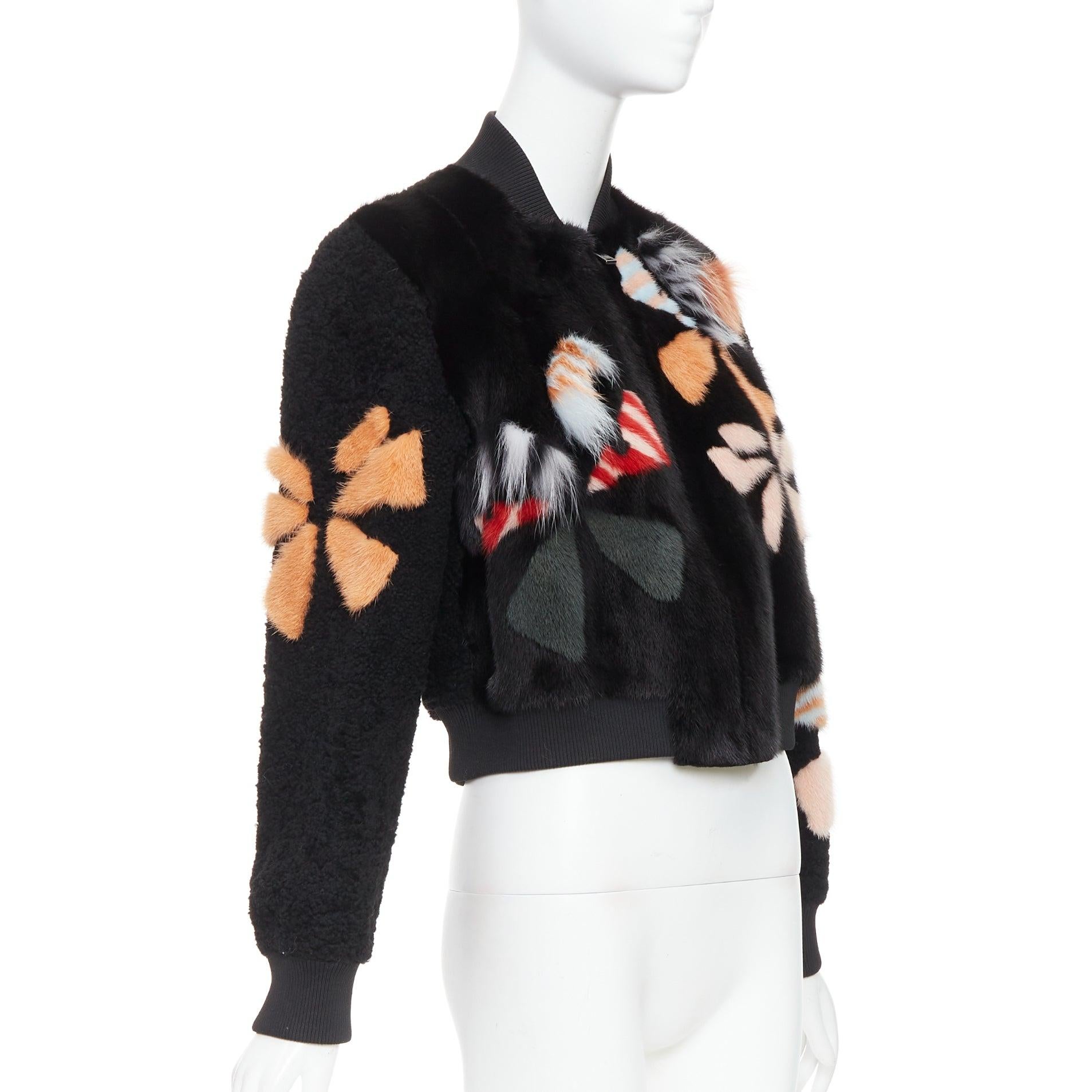FENDI black floral fur leather lined cropped bomber jacket IT40 S In New Condition For Sale In Hong Kong, NT