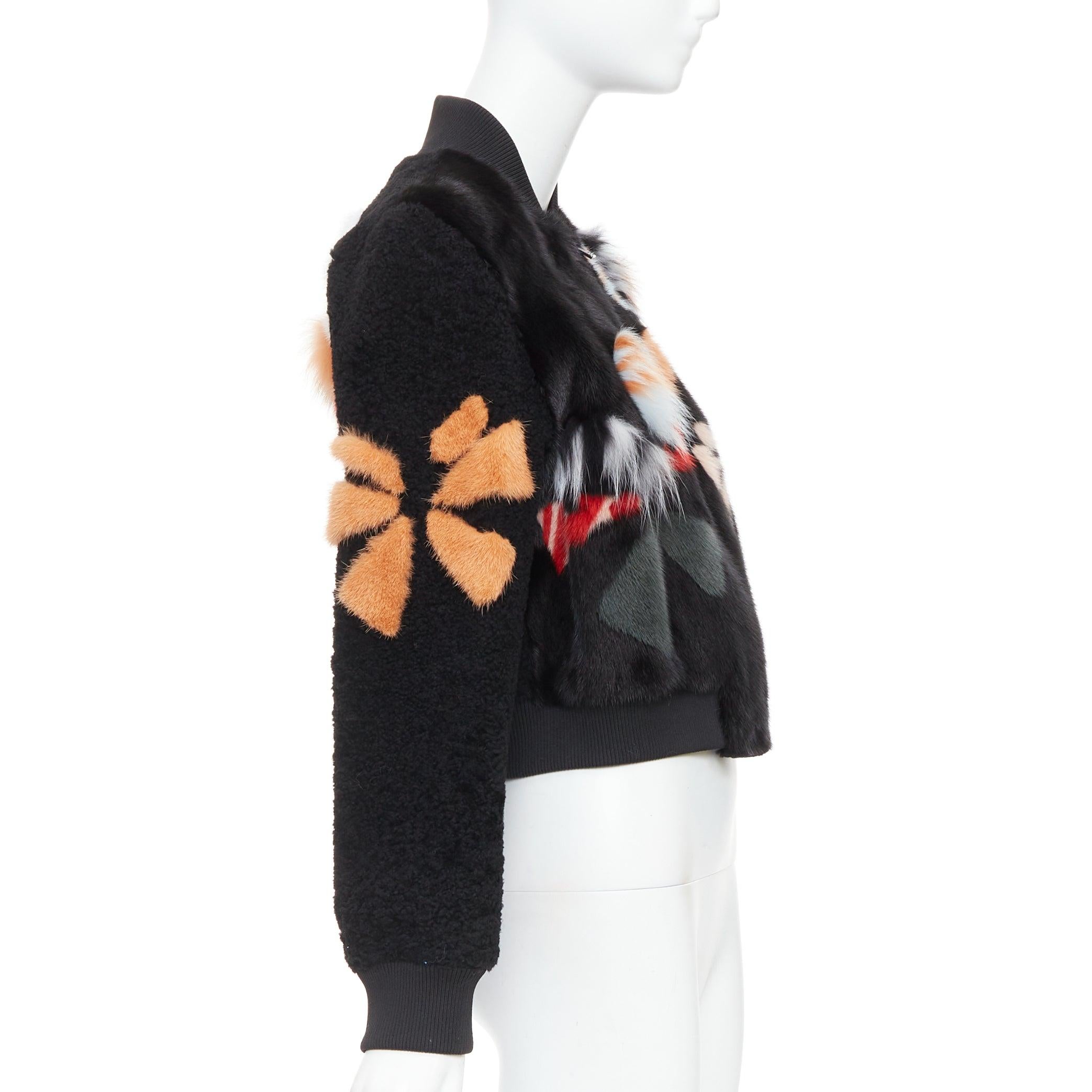 Women's FENDI black floral fur leather lined cropped bomber jacket IT40 S For Sale