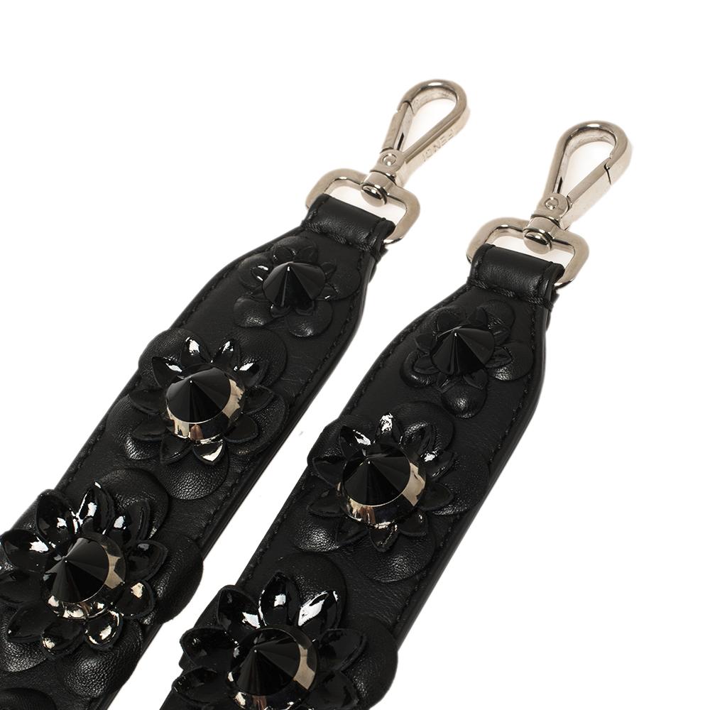 Women's Fendi Black Flowerland Leather Strap You Shoulder Bag Strap