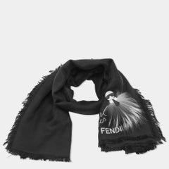 Fendi Black Fox Fur Applique Detail Silk & Wool Karlito Shawl