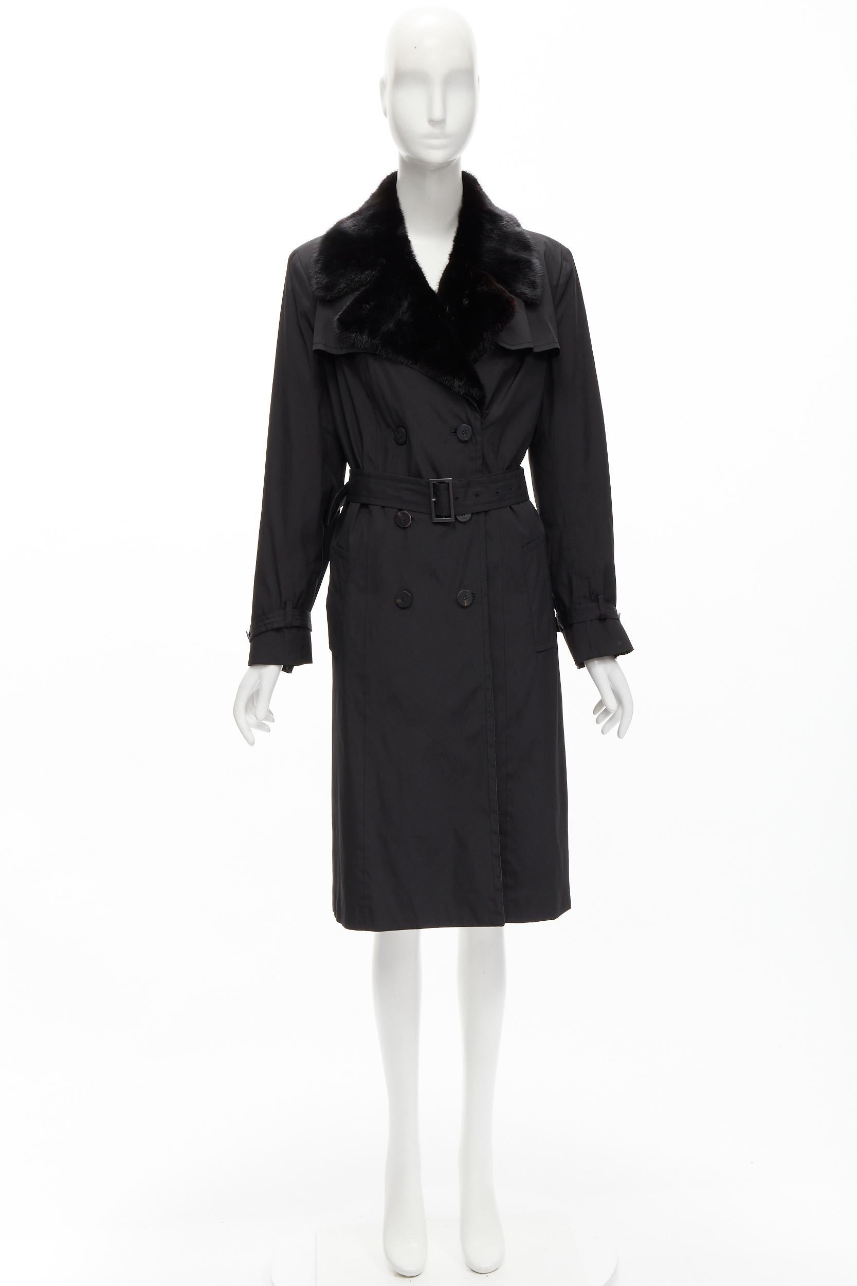 FENDI black fur collar topstitch detail silk belted trench coat jacket IT44 L For Sale 6