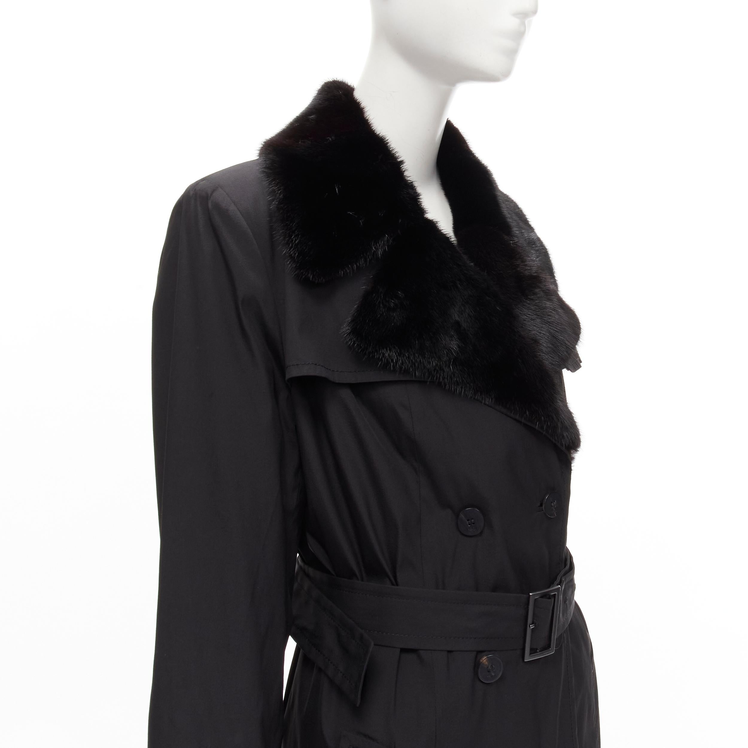 FENDI black fur collar topstitch detail silk belted trench coat jacket IT44 L
Reference: TGAS/C01708
Brand: Fendi
Material: Silk, Blend
Color: Black
Pattern: Solid
Closure: Button
Lining:  Fabric
Extra Details: Hidden FENDI topstitched leather