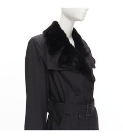 FENDI noir col fourrure détails surpiqûres soie ceinturée trench coat veste IT44 L