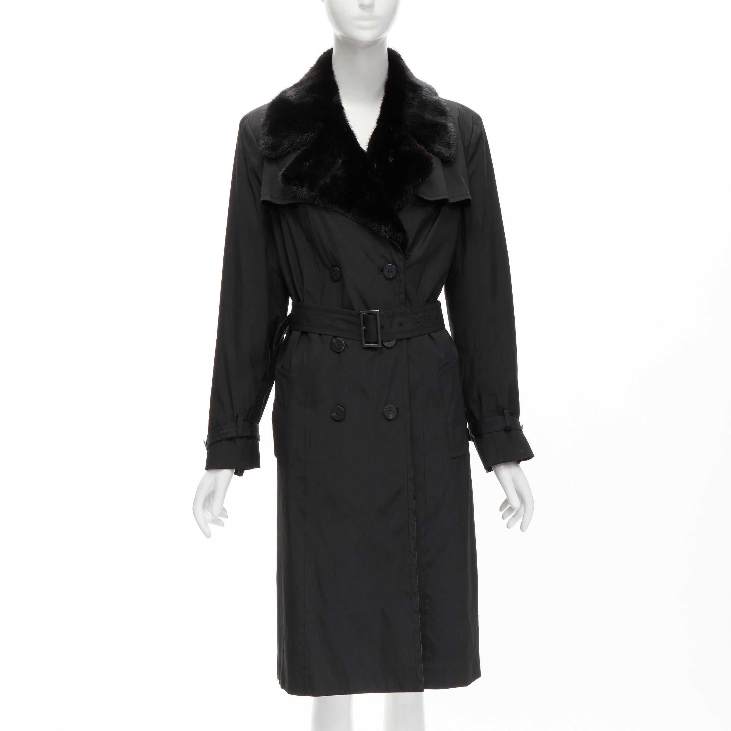 Black FENDI black fur collar topstitch detail silk belted trench coat jacket IT44 L For Sale