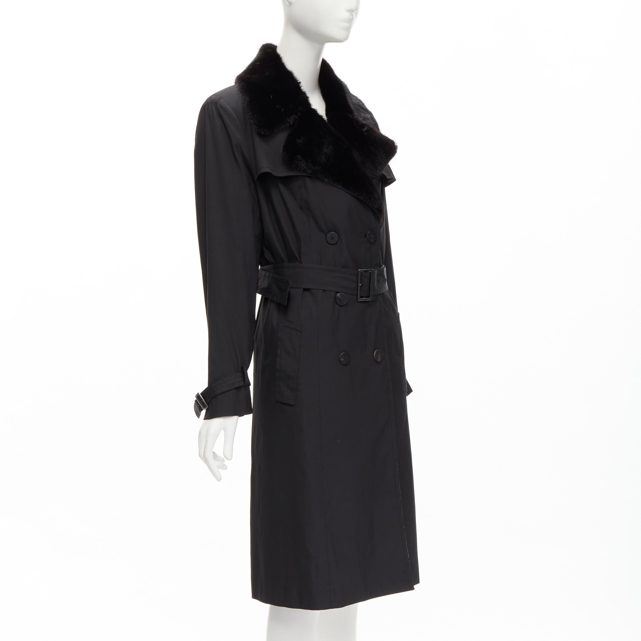 FENDI black fur collar topstitch detail silk belted trench coat jacket IT44 L In Excellent Condition For Sale In Hong Kong, NT