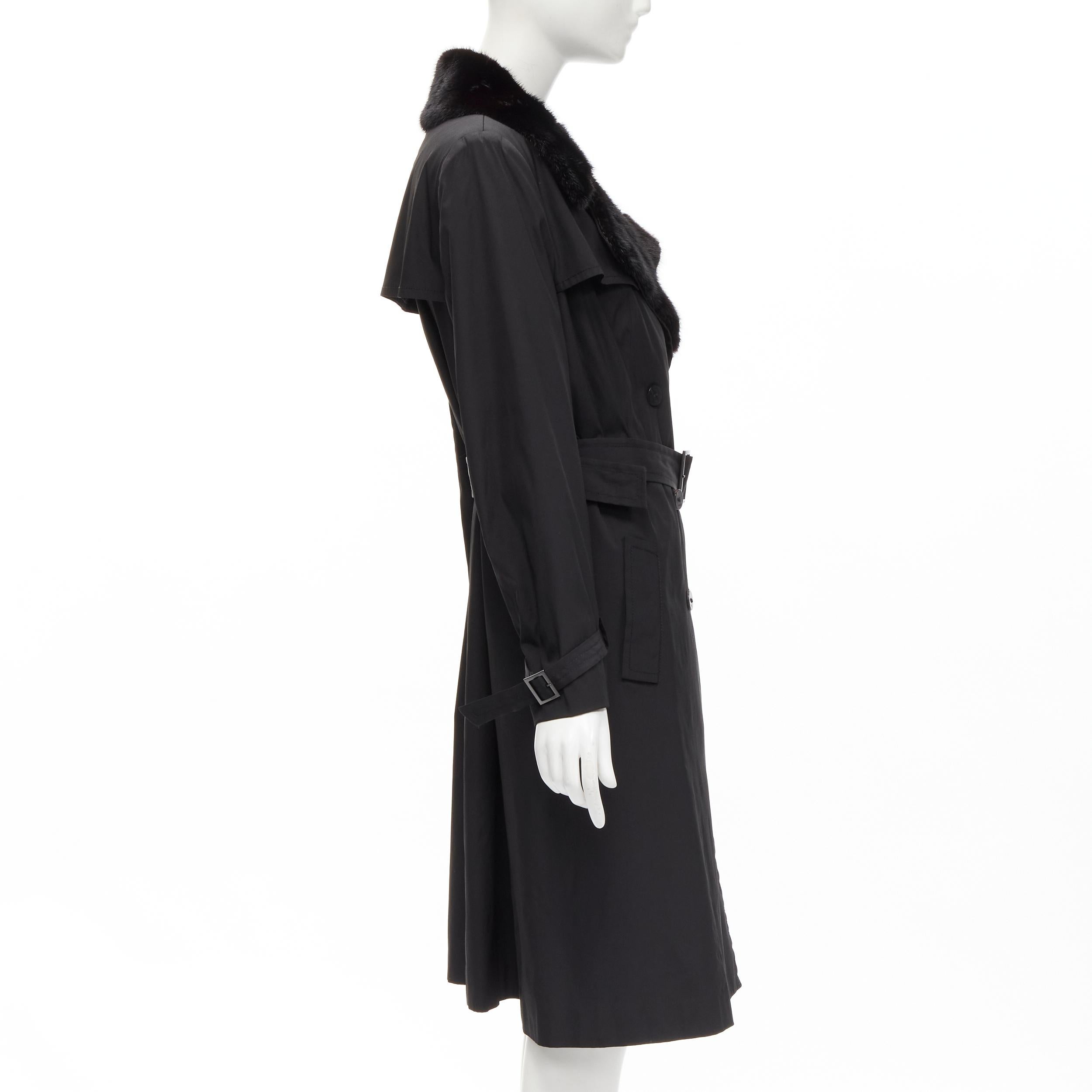 Women's FENDI black fur collar topstitch detail silk belted trench coat jacket IT44 L For Sale