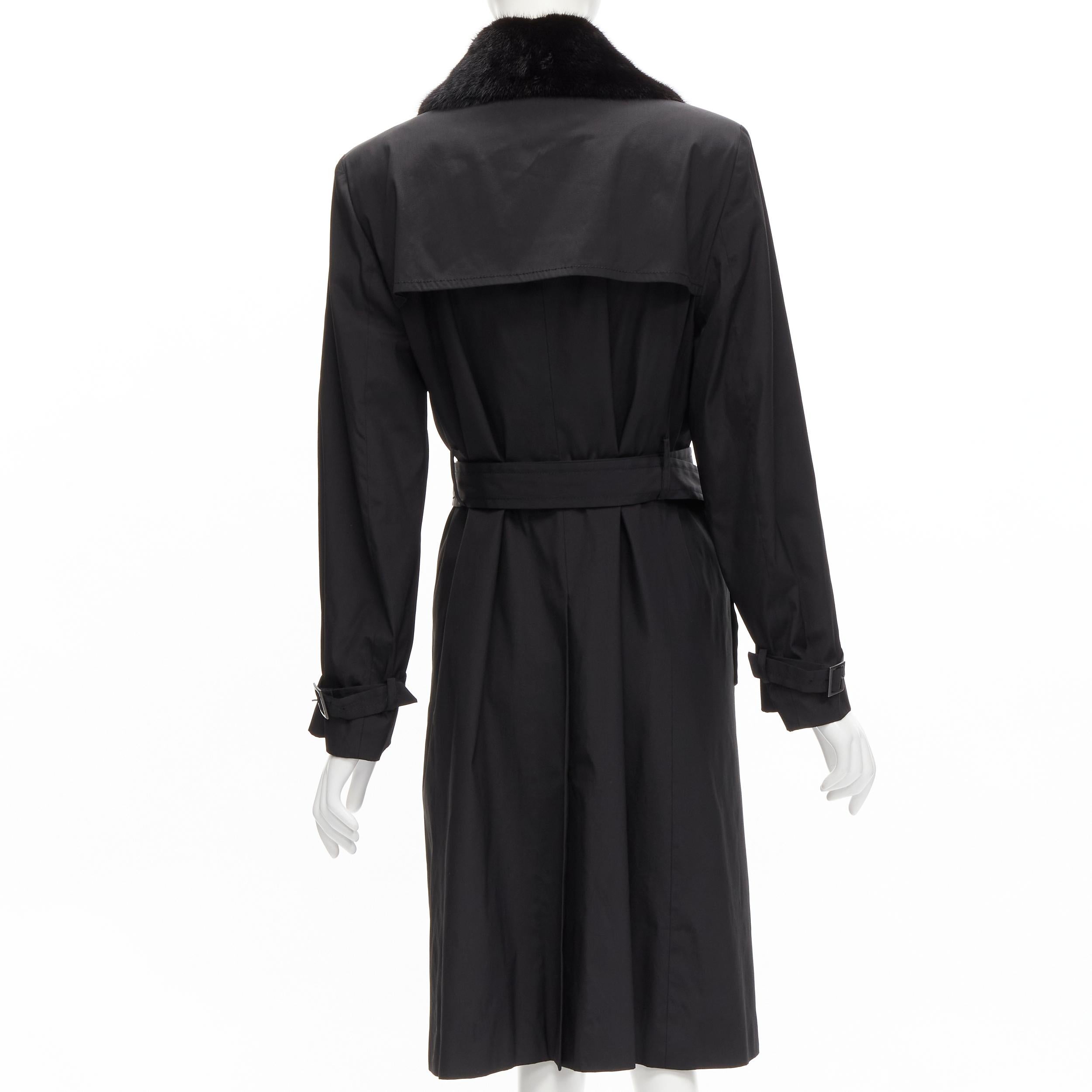 FENDI black fur collar topstitch detail silk belted trench coat jacket IT44 L For Sale 1