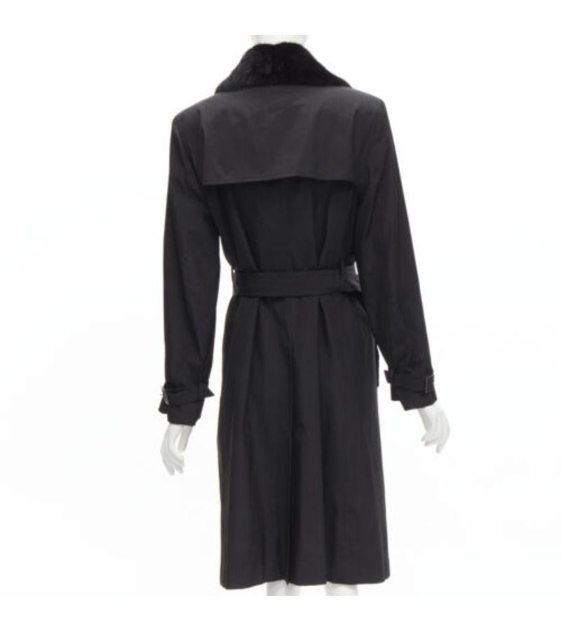 Women's FENDI black fur collar topstitch detail silk belted trench coat jacket IT44 L For Sale