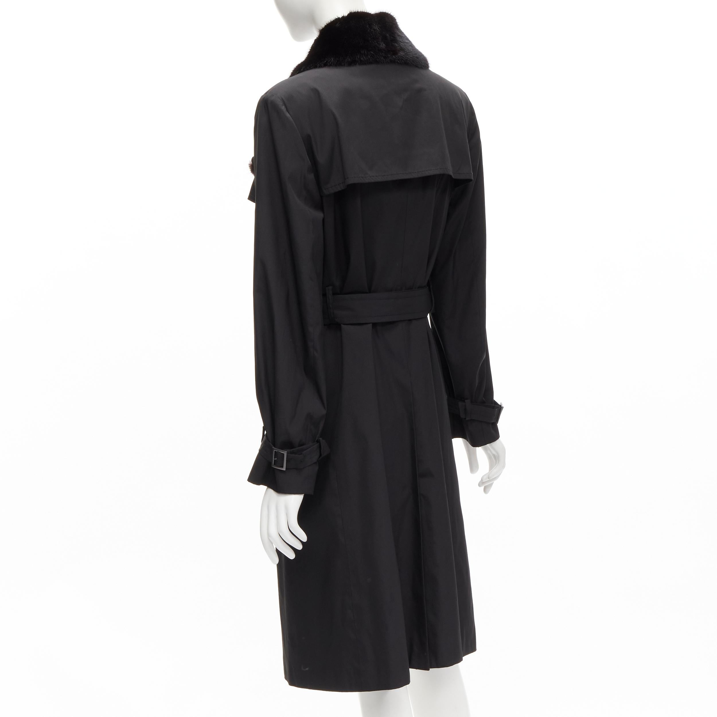FENDI black fur collar topstitch detail silk belted trench coat jacket IT44 L For Sale 2