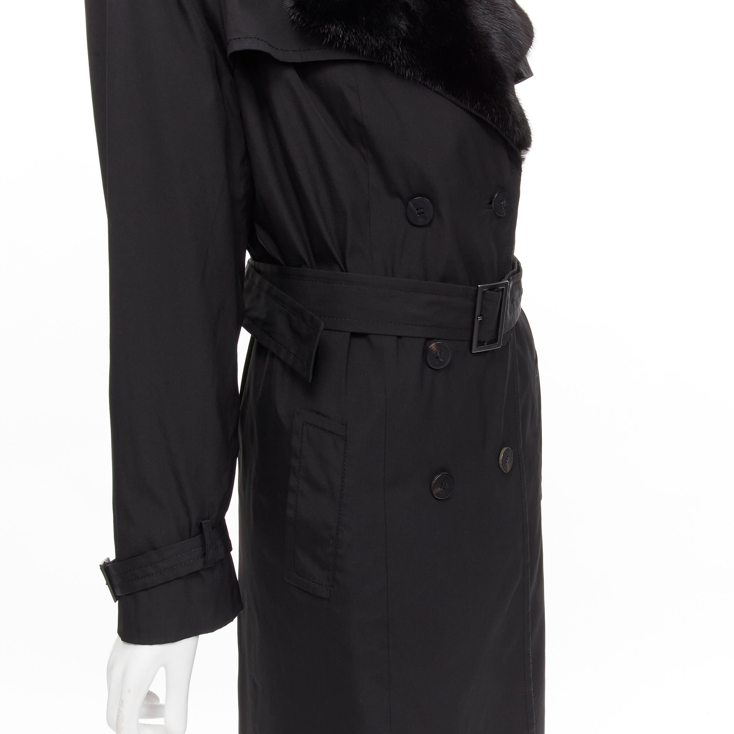 FENDI black fur collar topstitch detail silk belted trench coat jacket IT44 L For Sale 3