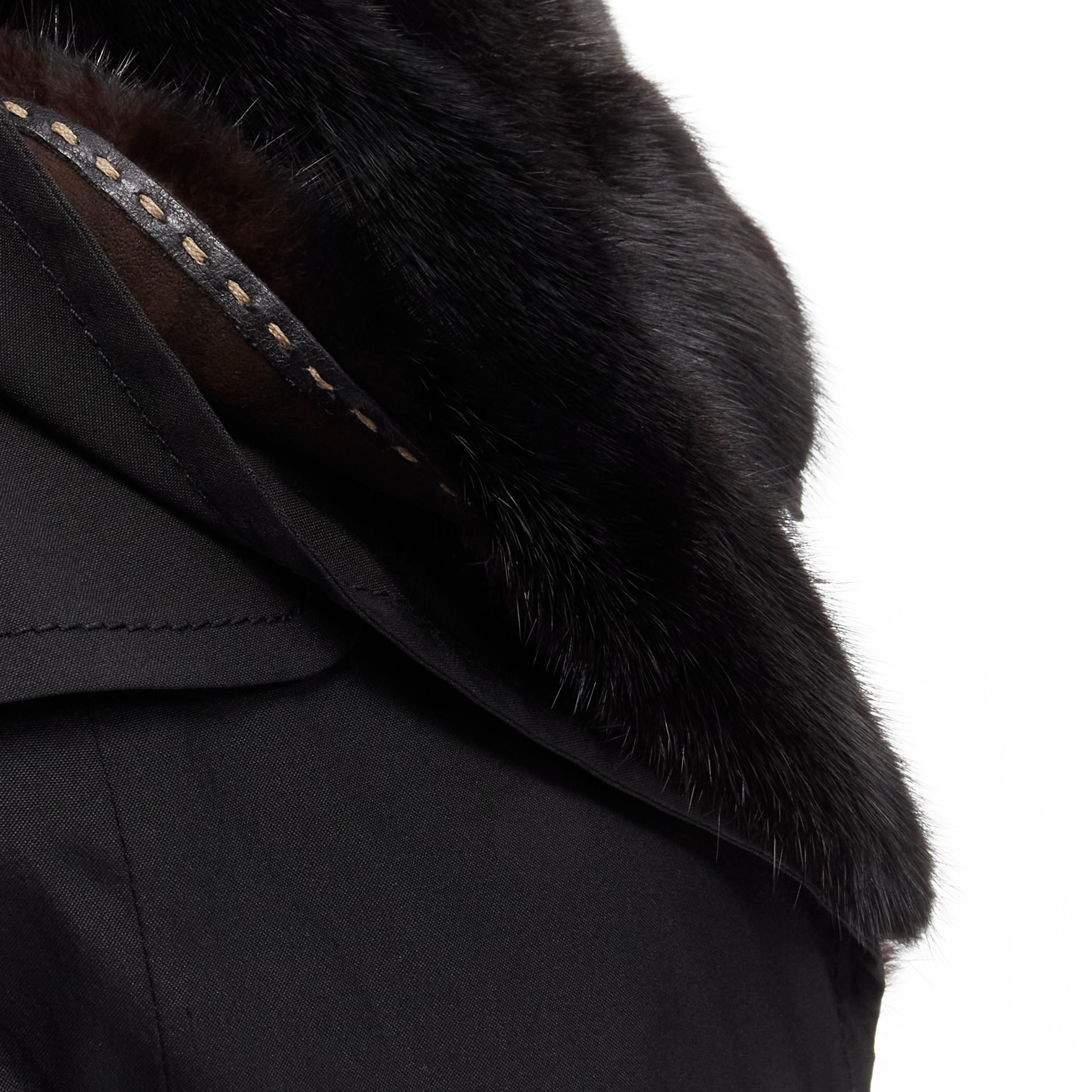 FENDI black fur collar topstitch detail silk belted trench coat jacket IT44 L For Sale 4