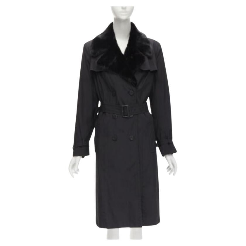 FENDI black fur collar topstitch detail silk belted trench coat jacket IT44 L For Sale