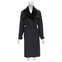 FENDI black fur collar topstitch detail silk belted trench coat jacket IT44 L