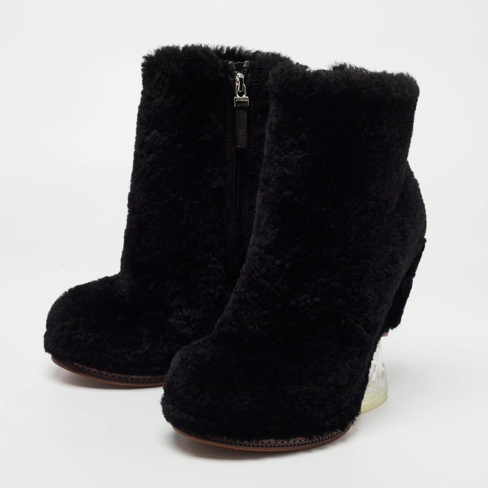 Women's Fendi Black Fur Ice Heel Ankle Boots Size 36