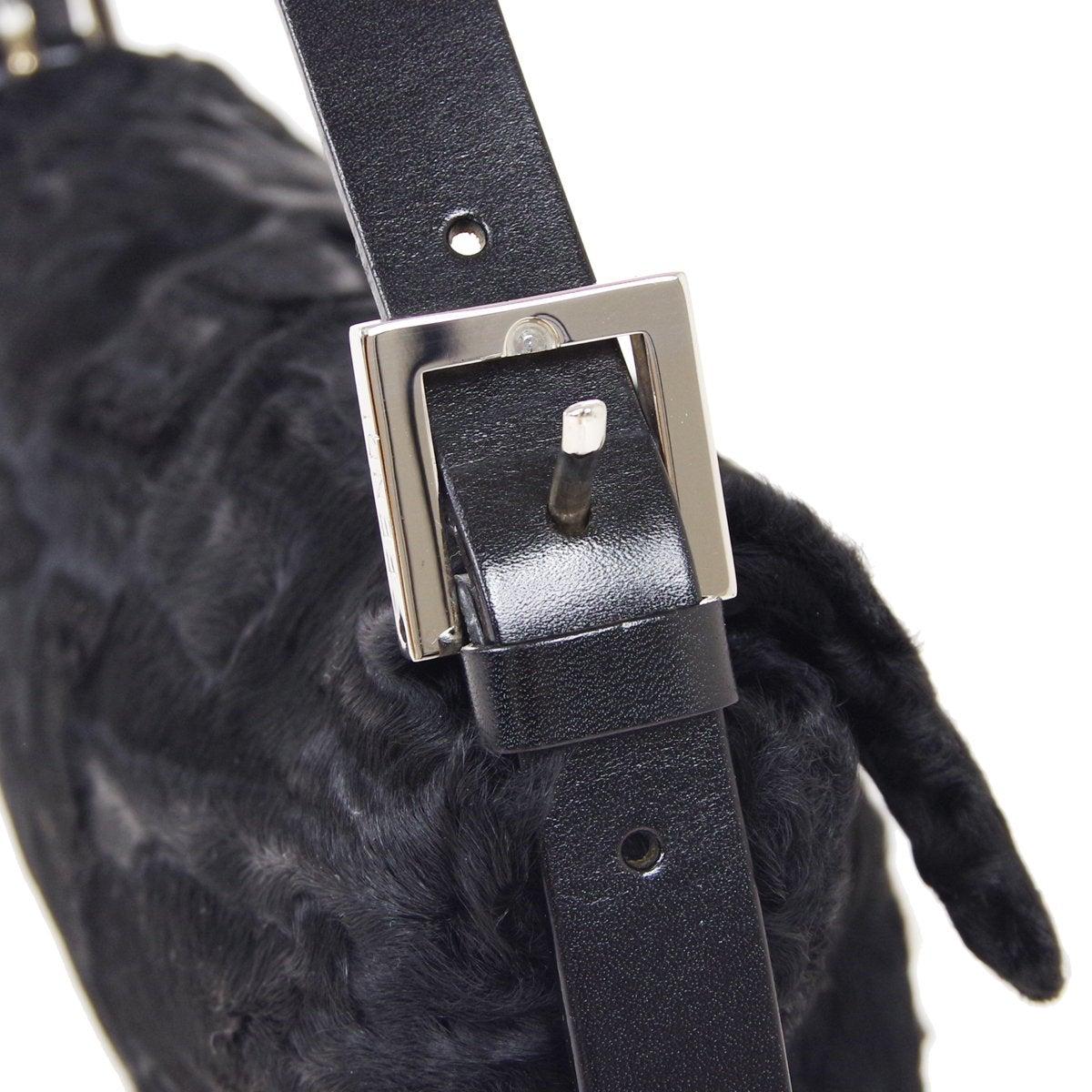 FENDI Black Fur Leather Trim Silver Top Handle Shoulder Baguette Flap Bag In Good Condition In Chicago, IL