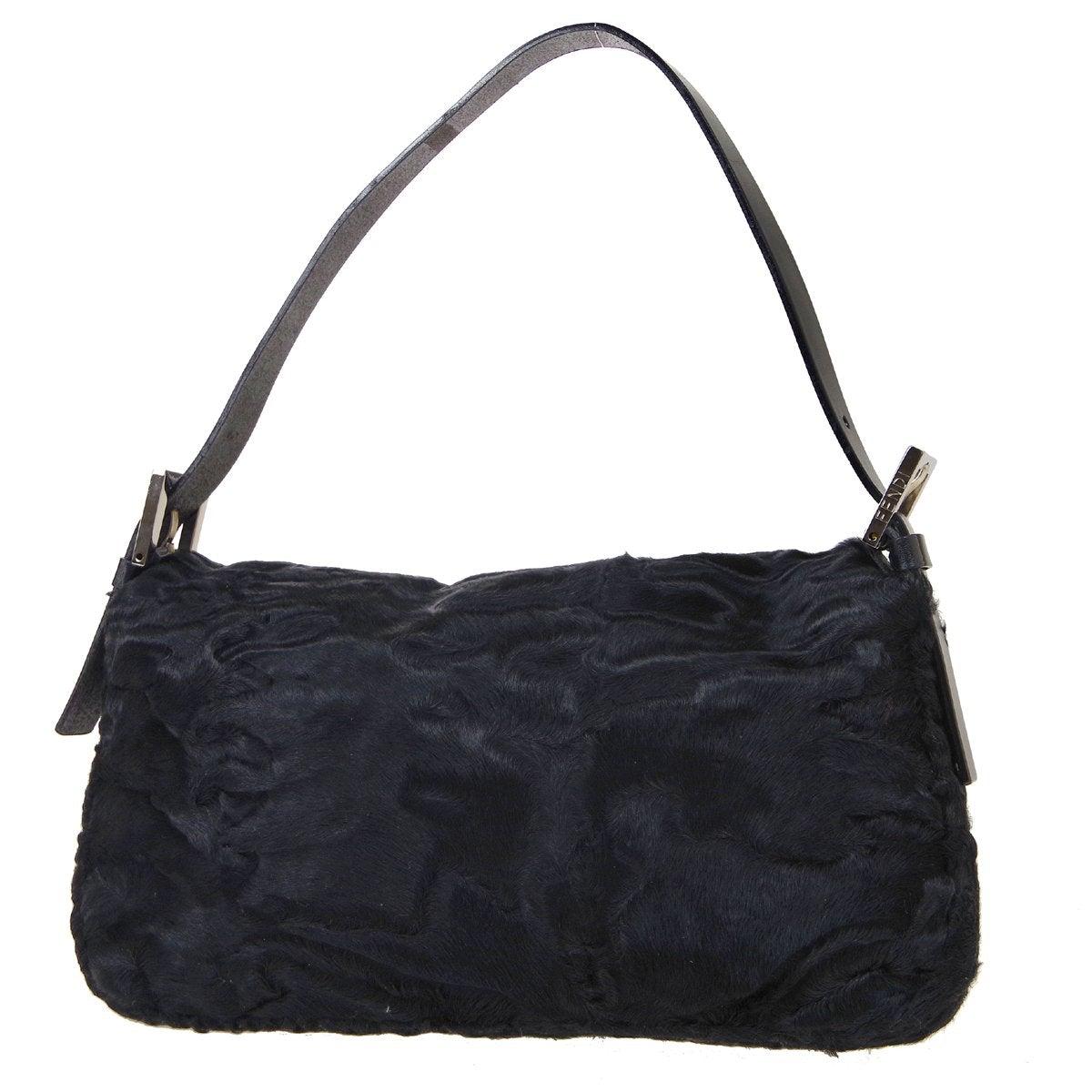 Women's FENDI Black Fur Leather Trim Silver Top Handle Shoulder Baguette Flap Bag