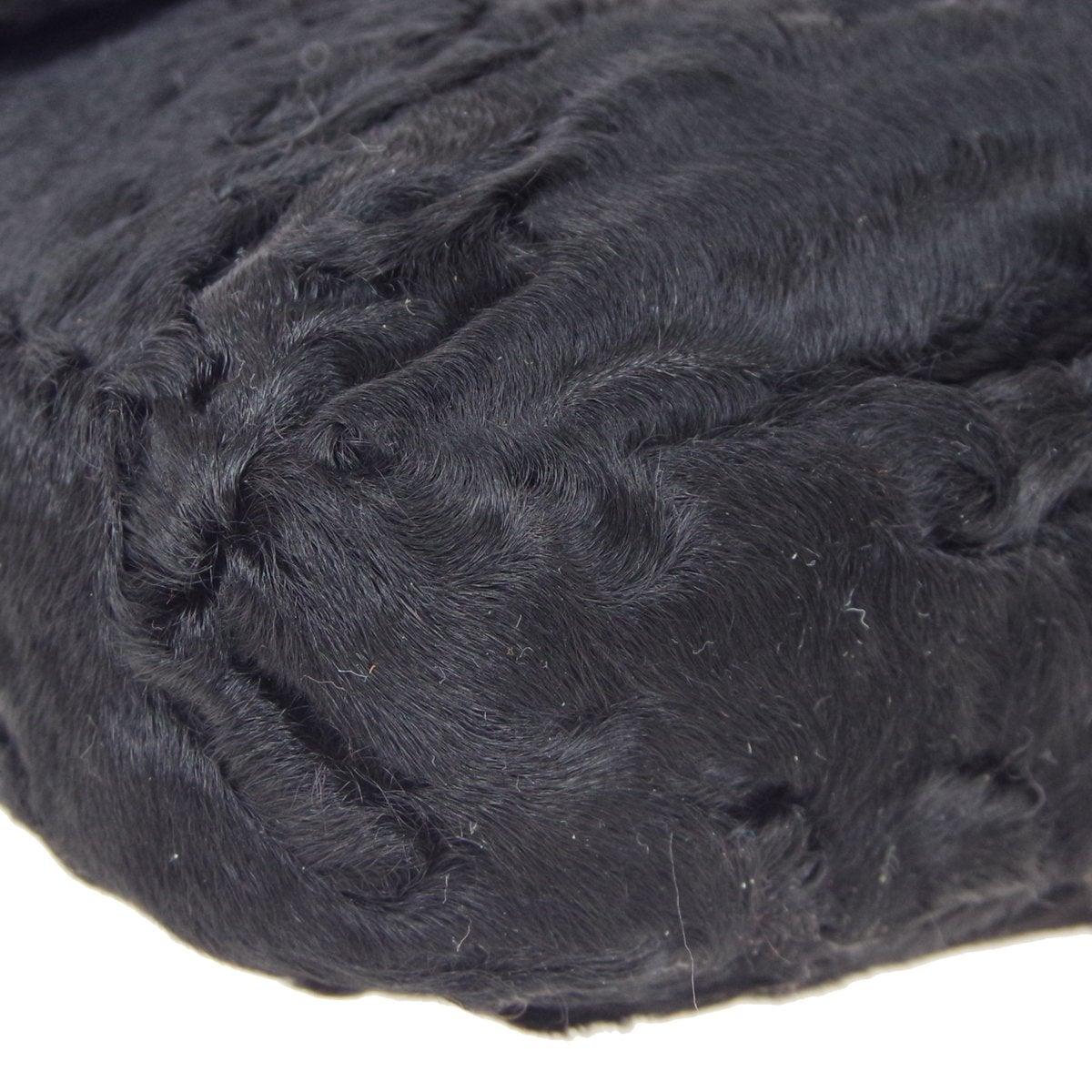 FENDI Black Fur Leather Trim Silver Top Handle Shoulder Baguette Flap Bag 2