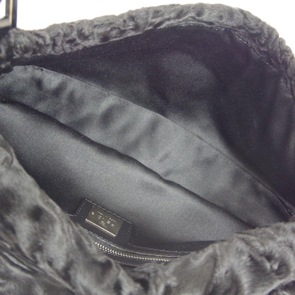 FENDI Black Fur Leather Trim Silver Top Handle Shoulder Baguette Flap Bag 3