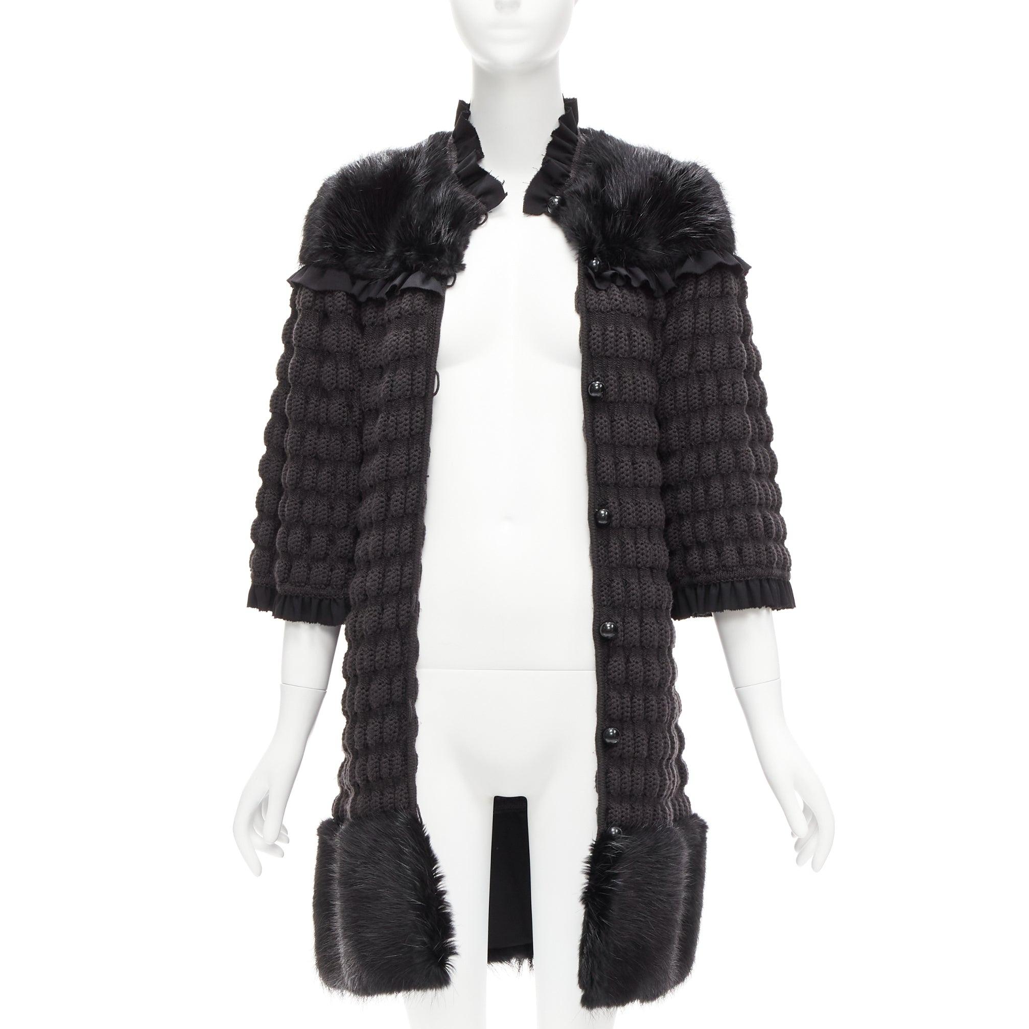Black FENDI black fur panel virgin wool crochet chunky knit bell coat IT40 S For Sale