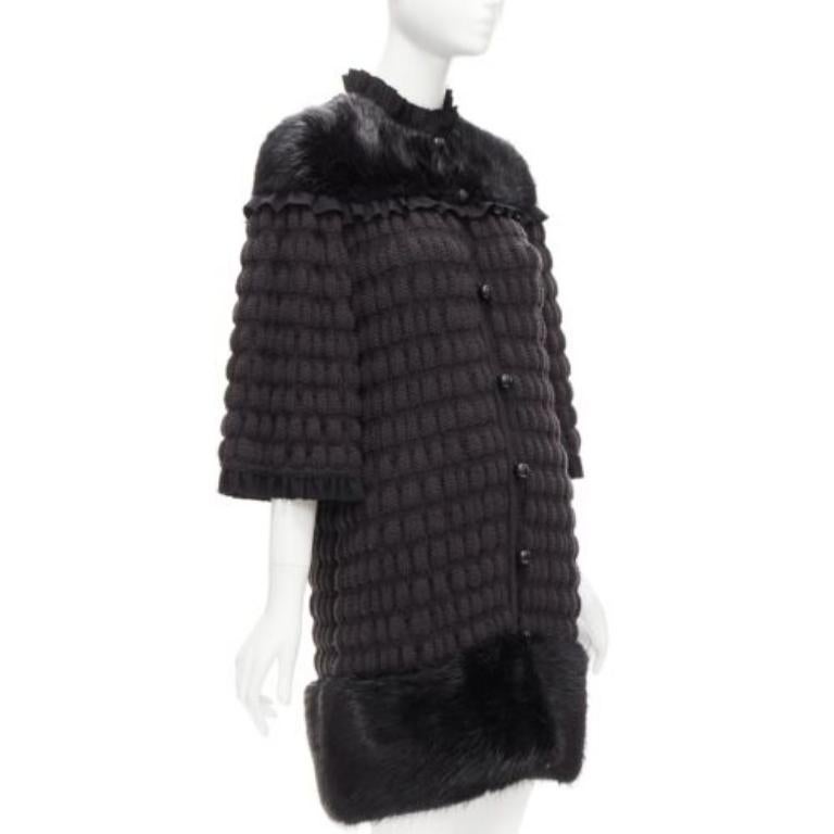 FENDI manteau à clochettes en laine vierge crochetée, noir, avec empiècements en fourrure IT40 S Excellent état - En vente à Hong Kong, NT
