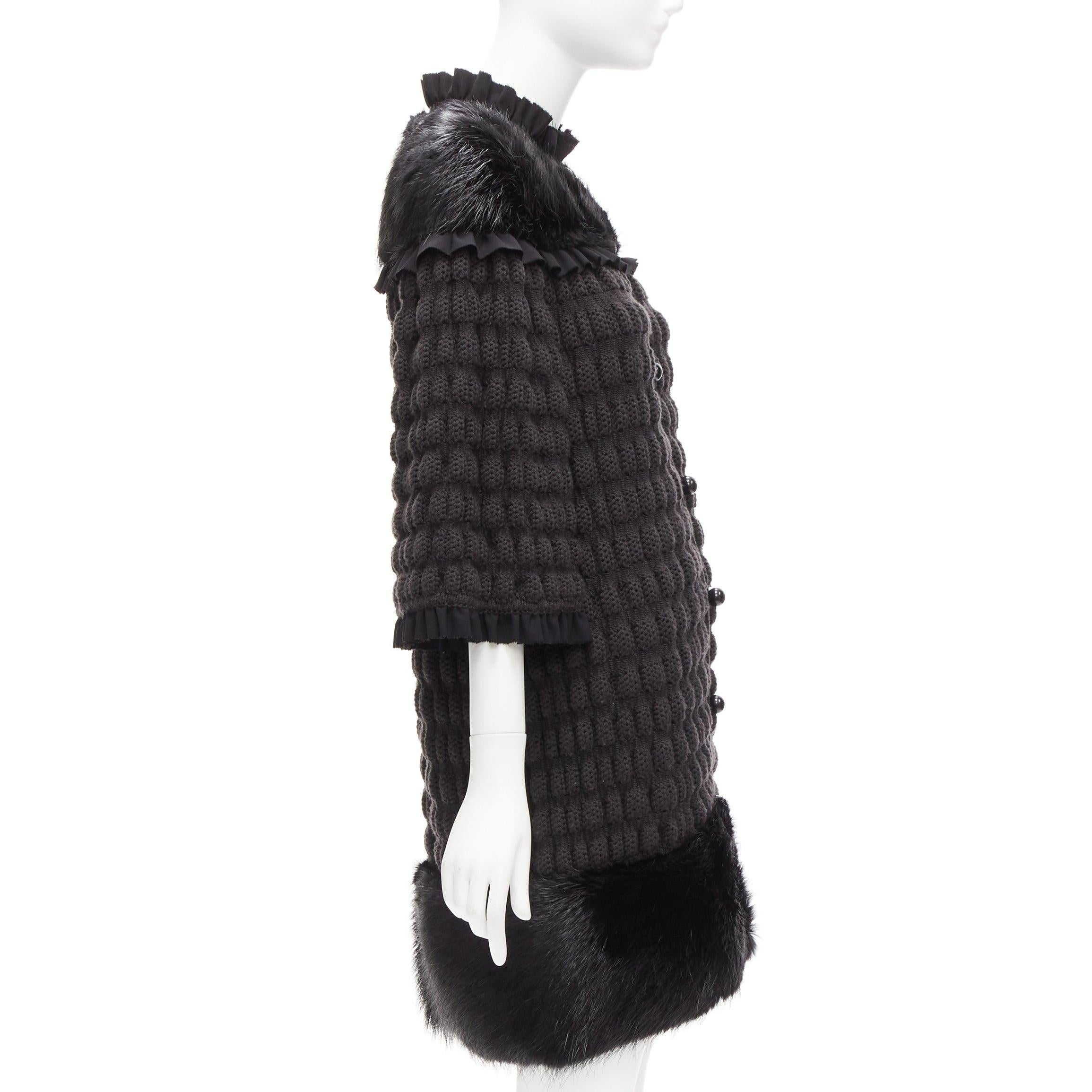 Women's FENDI black fur panel virgin wool crochet chunky knit bell coat IT40 S For Sale