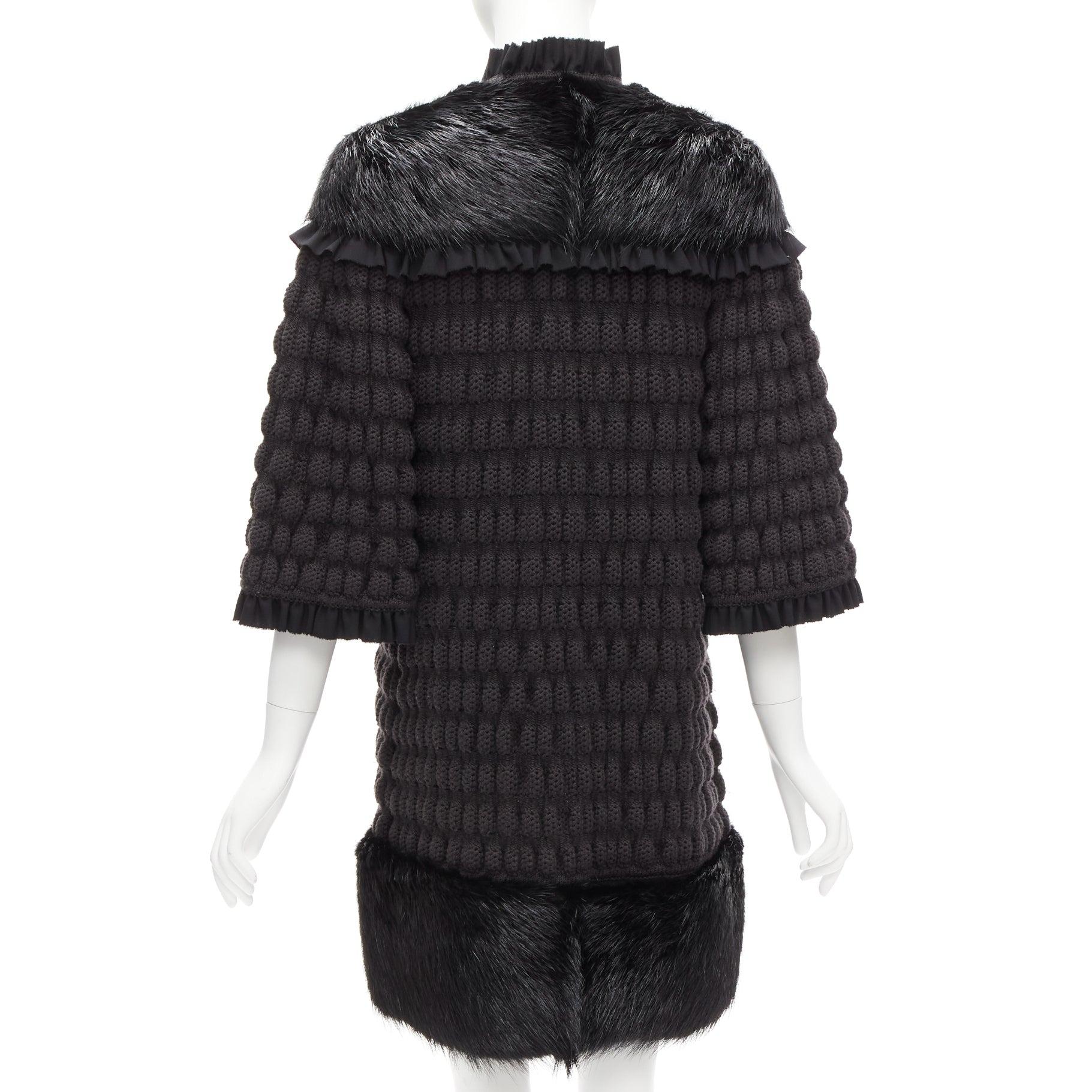 FENDI black fur panel virgin wool crochet chunky knit bell coat IT40 S For Sale 1