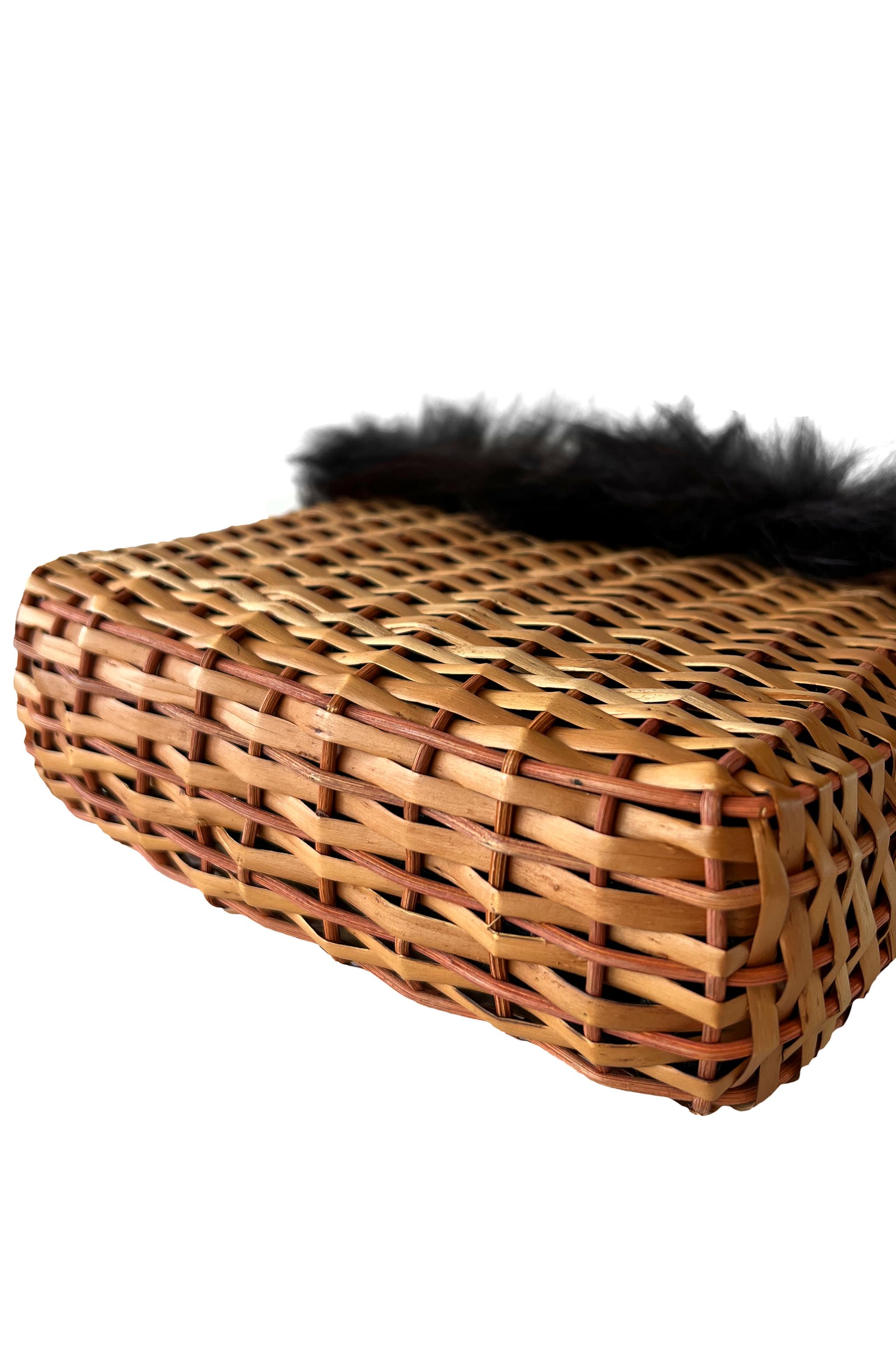 Resurrection Vintage is excited to offer a vintage Fendi woven bag featuring soft fur trimming, Fendi's signature Zucca logo print lining, and two top curved wicker wrapped handles. 

Fendi
Small Width 8