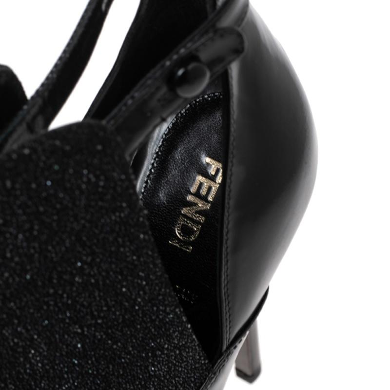 Fendi Black Glitter Suede and Leather Peep-Toe Platform Ankle Booties Size 38 2