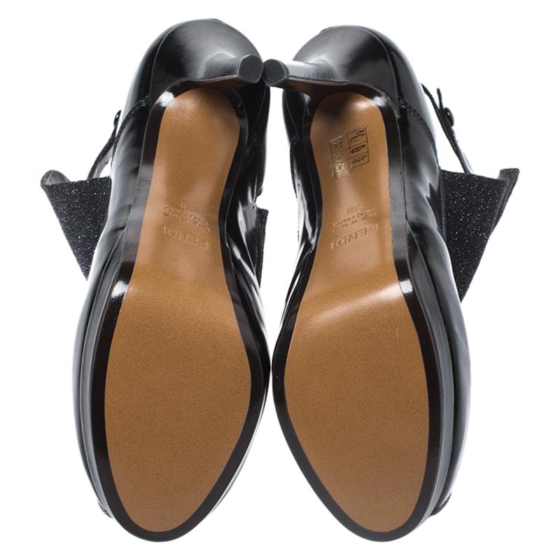 Fendi Black Glitter Suede and Leather Peep Toe Platform Booties Size 38 In New Condition In Dubai, Al Qouz 2