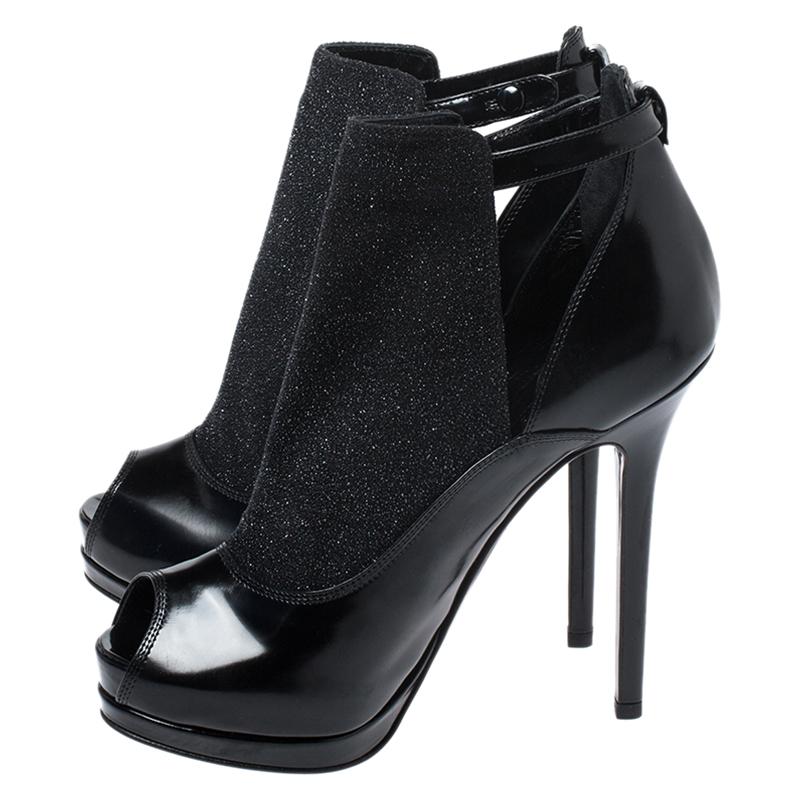 Women's Fendi Black Glitter Suede and Leather Peep Toe Platform Booties Size 38