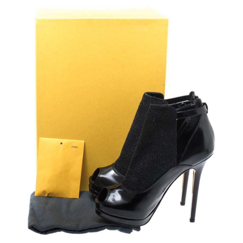 Fendi Black Glitter Suede and Leather Peep Toe Platform Booties Size 38 1