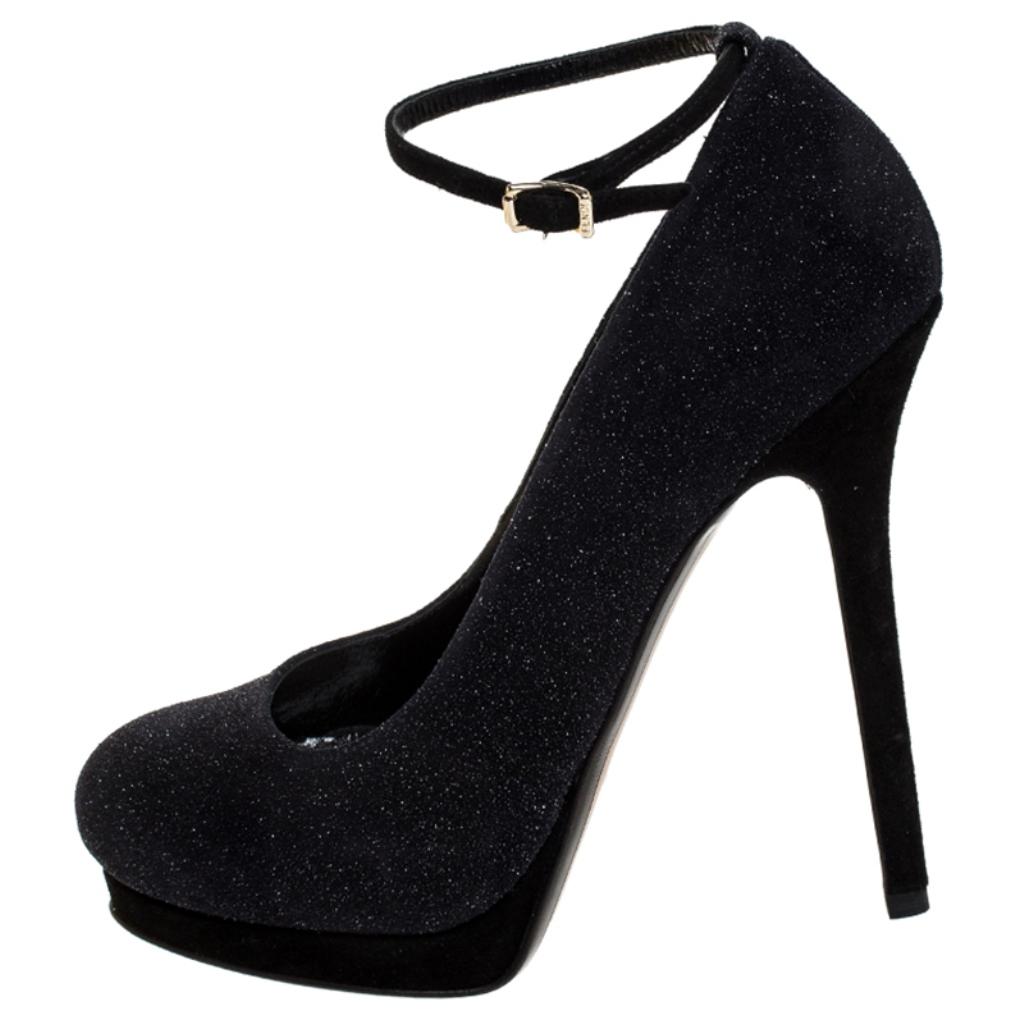 Women's Fendi Black Glitter Suede Platform Ankle Strap Pumps Size 38