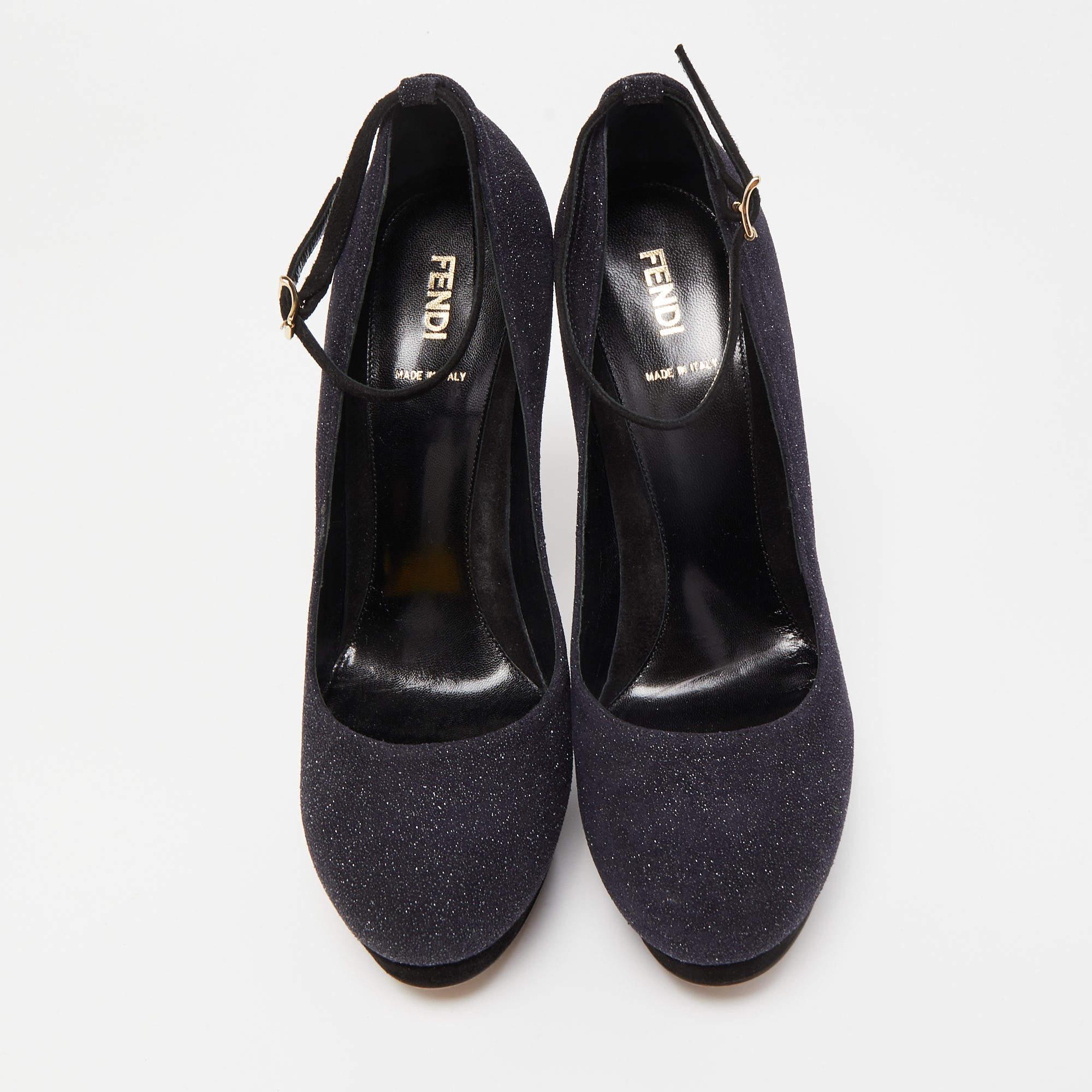 Women's Fendi Black Glitter Suede Platform Ankle Strap Pumps Size 40 For Sale