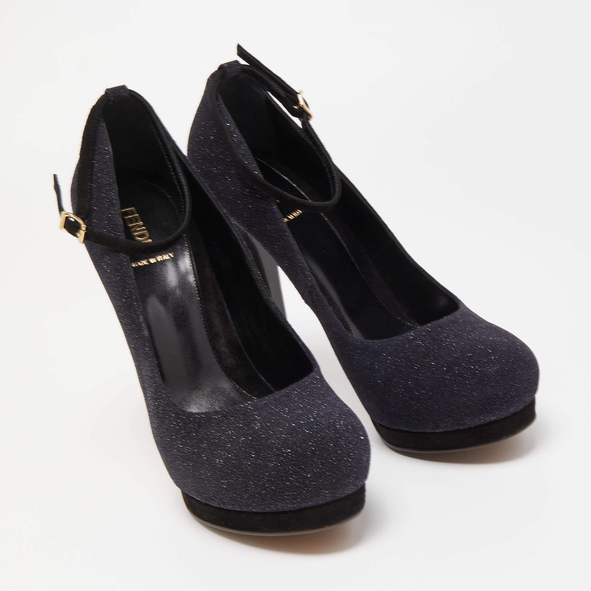 Women's Fendi Black Glitter Suede Platform Ankle Strap Pumps Size 40 For Sale