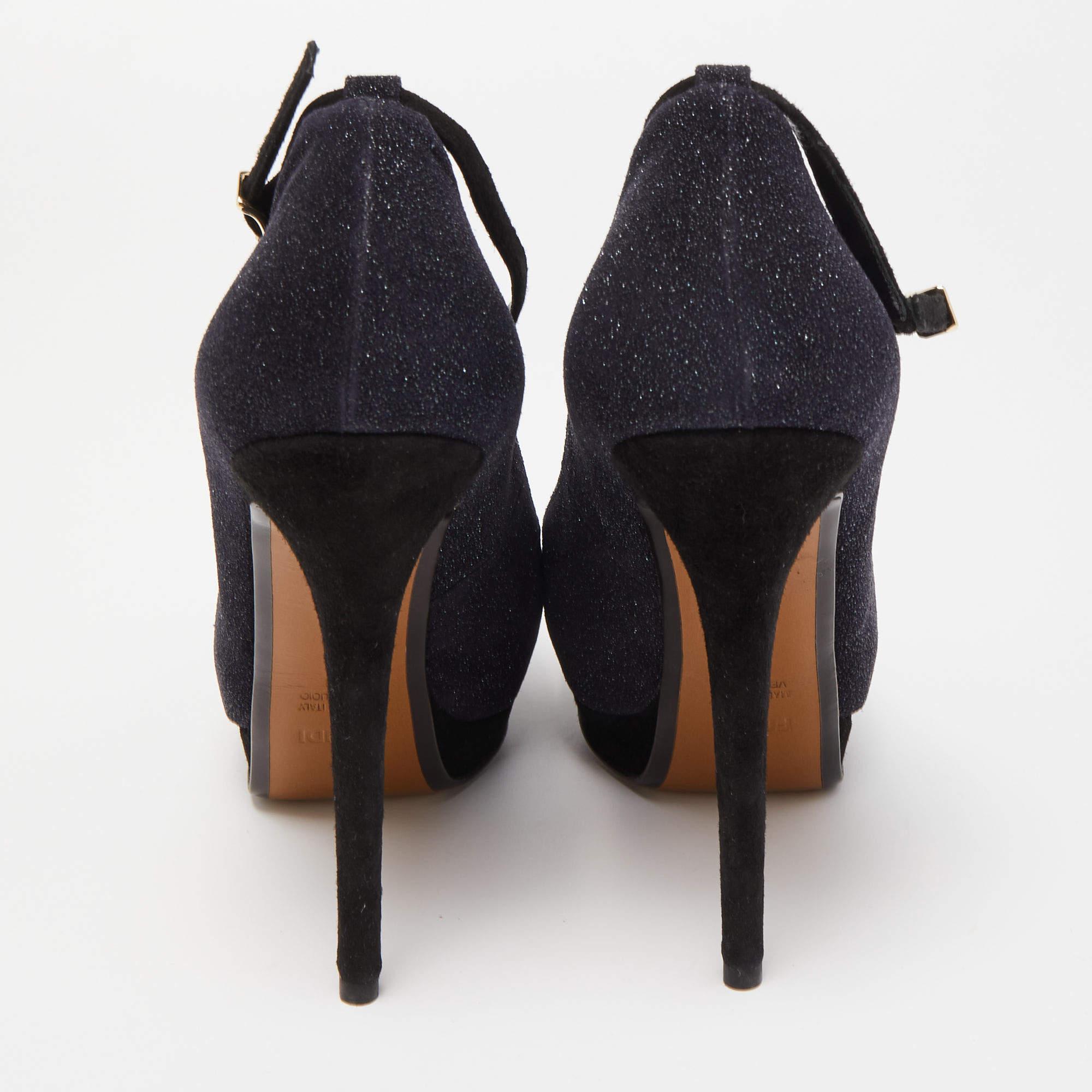 Fendi Black Glitter Suede Platform Ankle Strap Pumps Size 40 For Sale 1