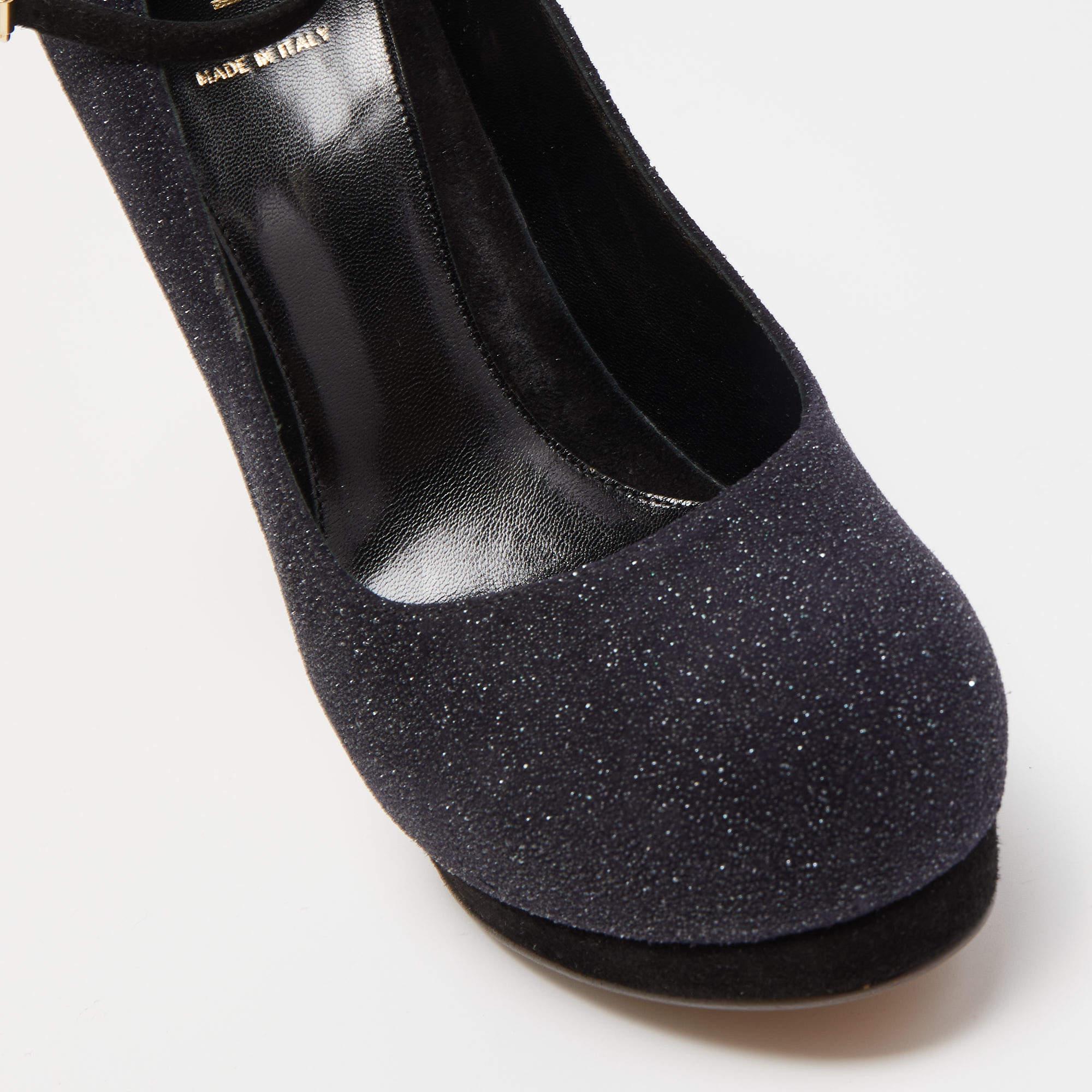 Fendi Black Glitter Suede Platform Ankle Strap Pumps Size 40 For Sale 2