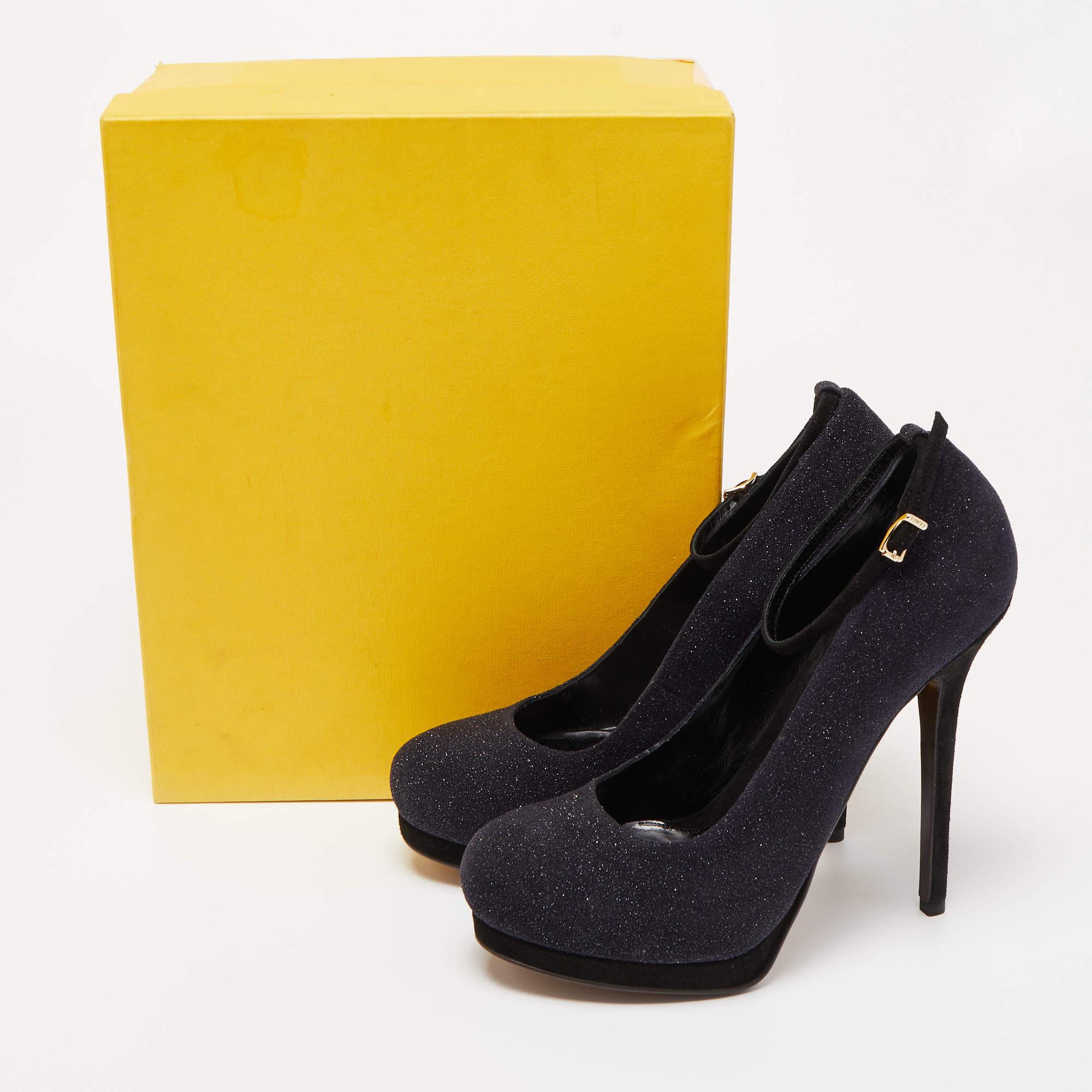 Fendi Black Glitter Suede Platform Ankle Strap Pumps Size 40 For Sale 2