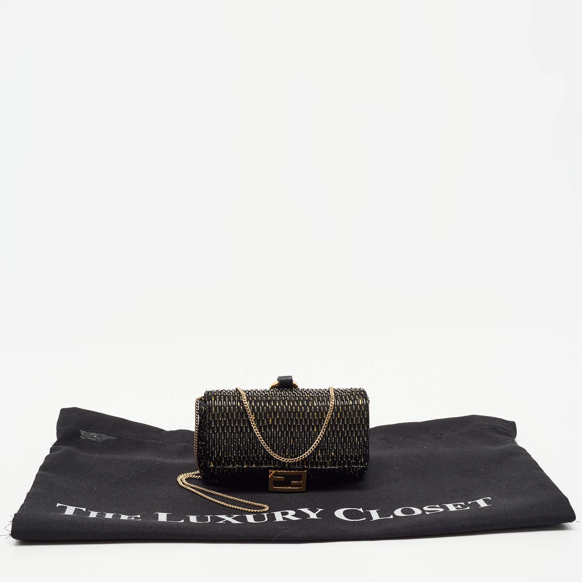 Fendi Black/Gold Beaded Nano Baguette Crossbody Bag 6