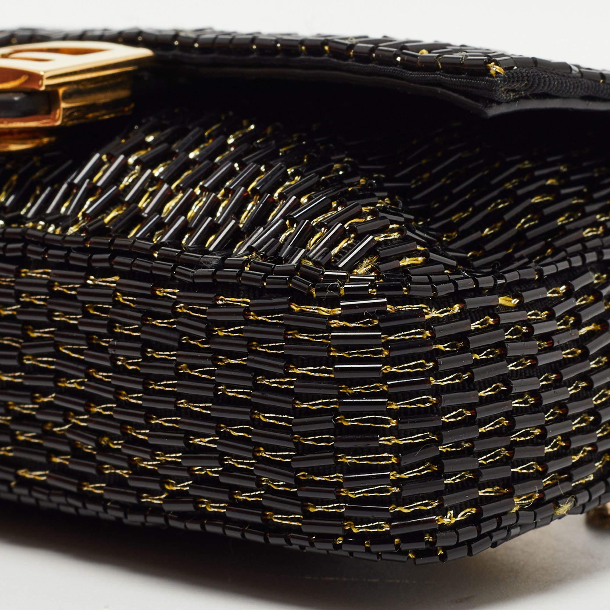 Fendi Black/Gold Beaded Nano Baguette Crossbody Bag 8