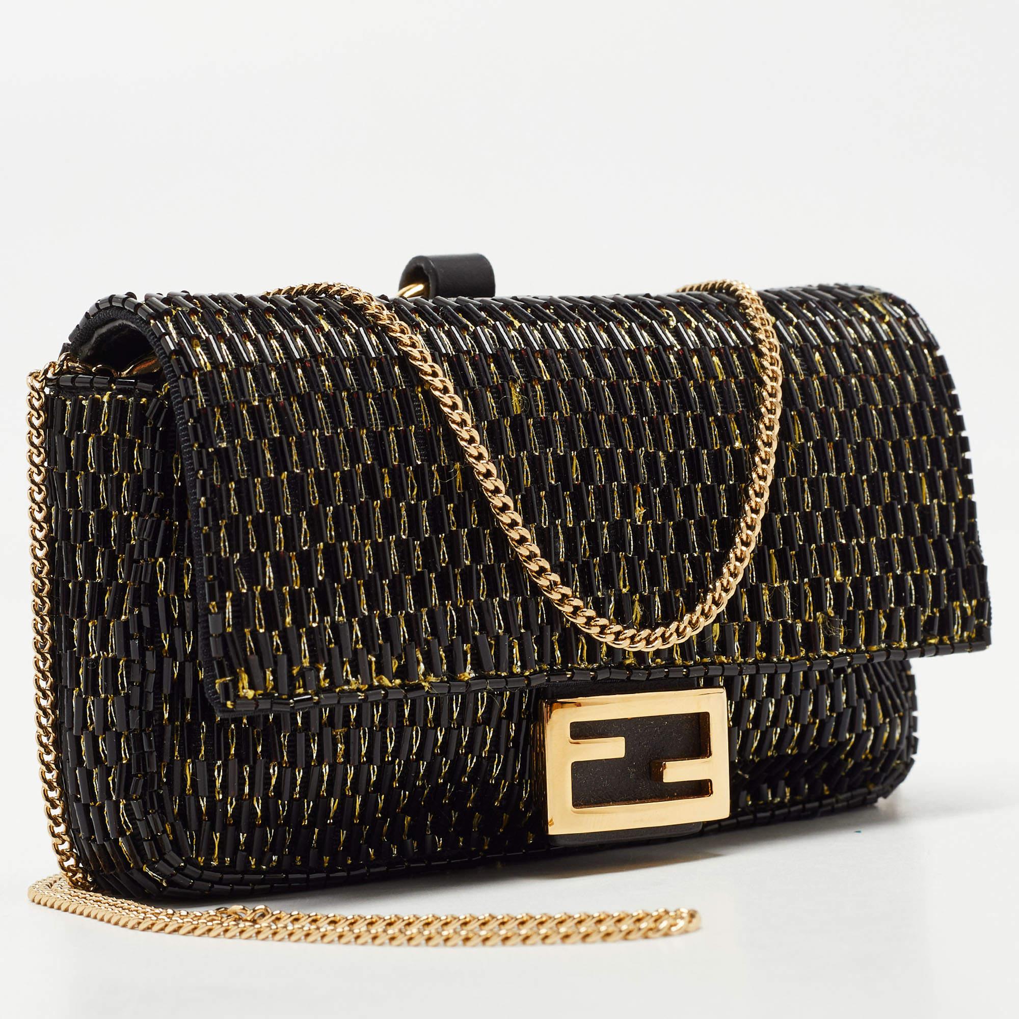 Women's Fendi Black/Gold Beaded Nano Baguette Crossbody Bag