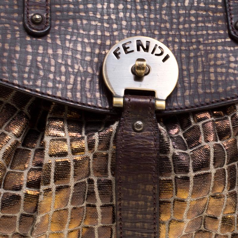 Women's Fendi Black/Gold Croc Embossed Canvas Medium Magic Bag