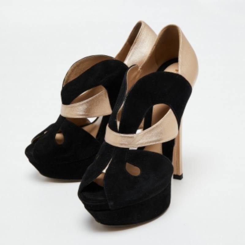 Fendi - Escarpins à plateforme en cuir/suède noir/doré - Taille 37 en vente 3