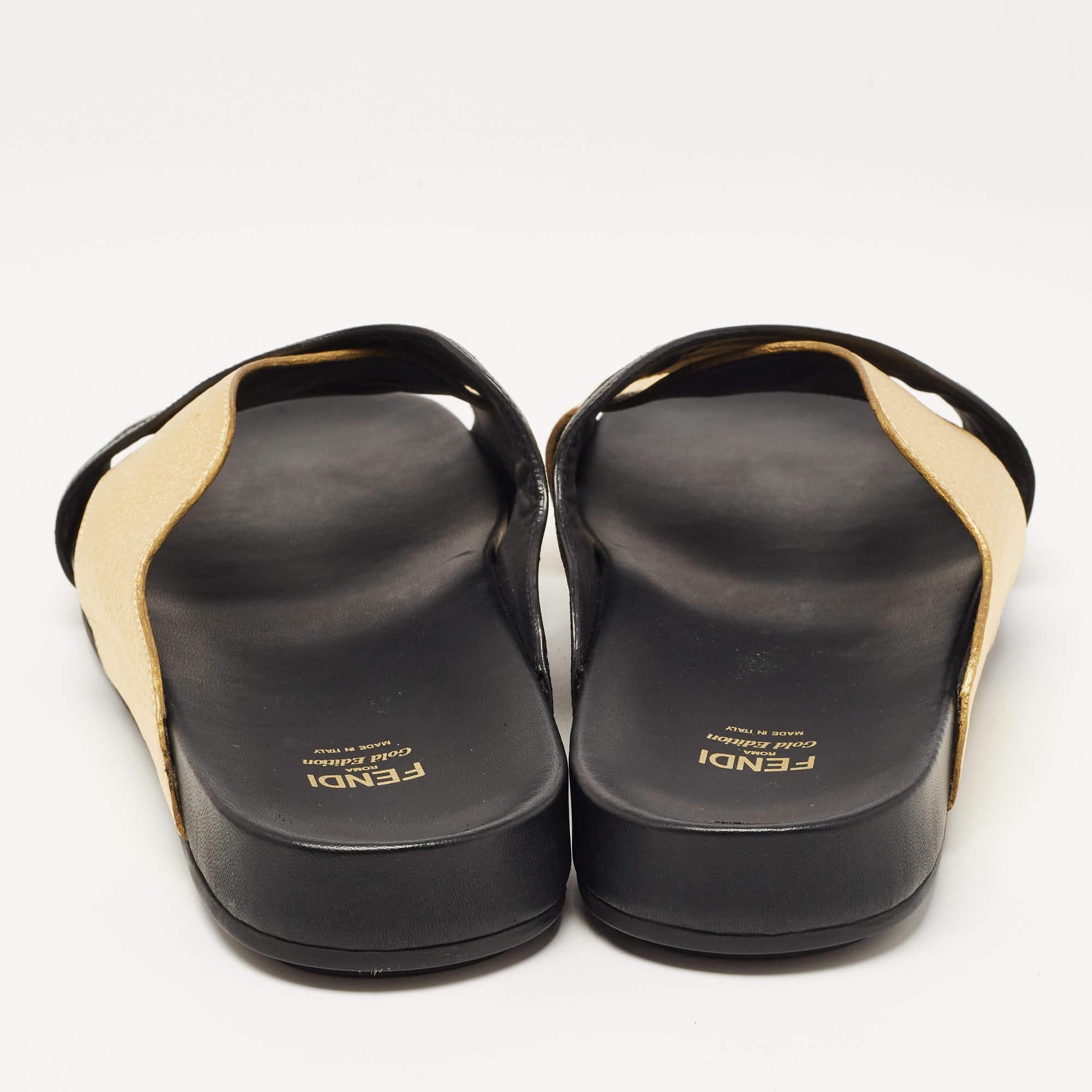 Fendi Black/Gold Leather Wave Slides Size 40 1