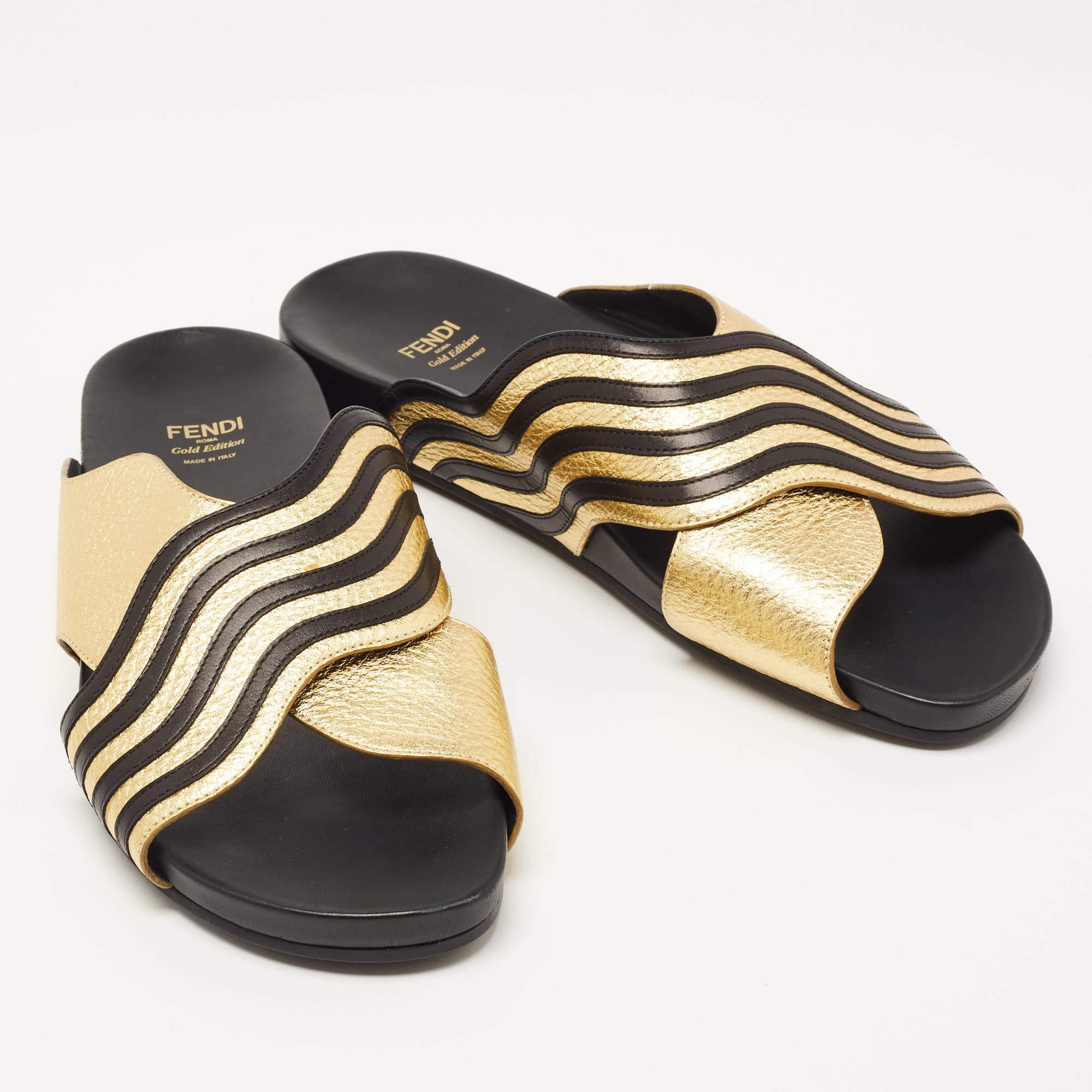 Fendi Black/Gold Leather Wave Slides Size 40 3