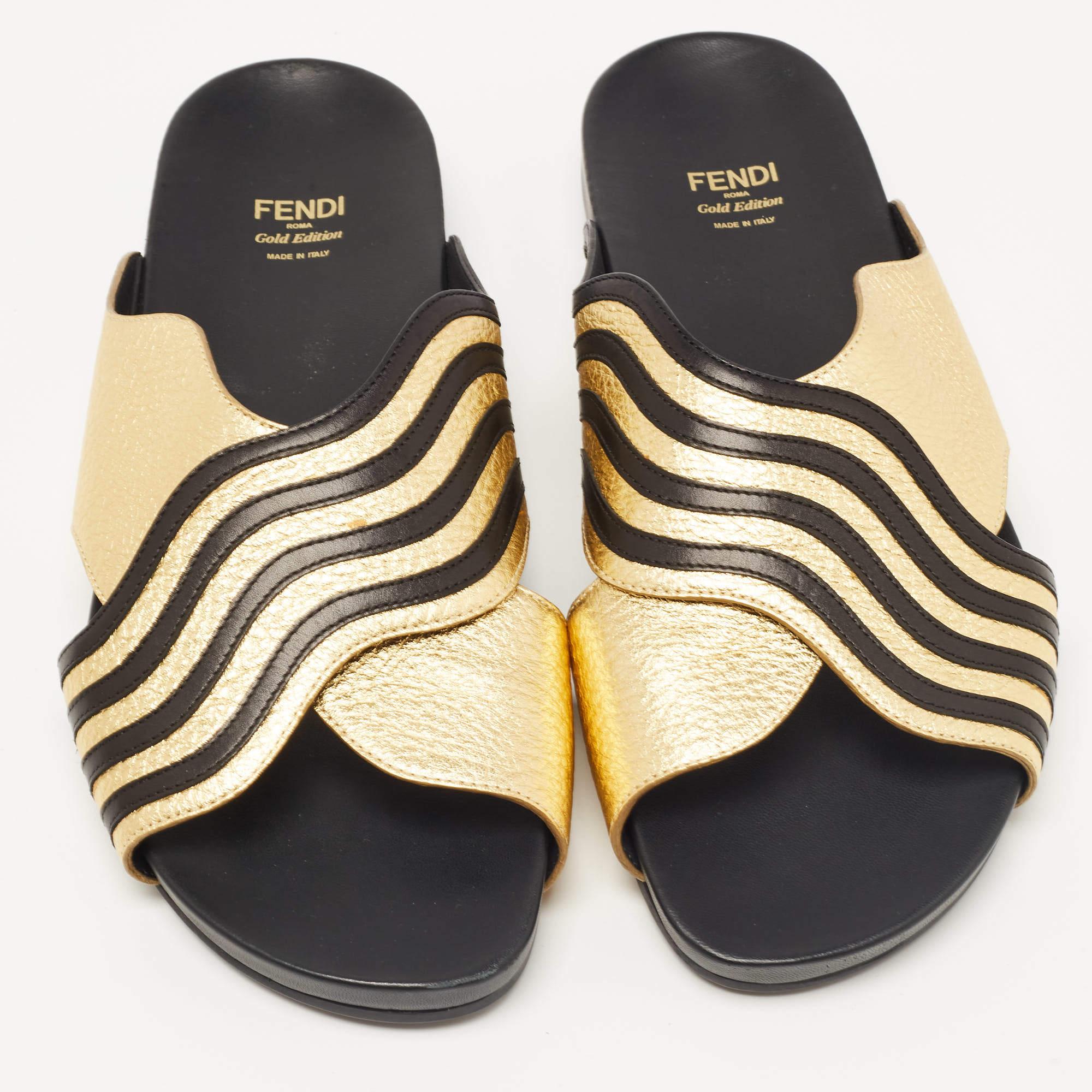 Fendi Black/Gold Leather Wave Slides Size 40 4