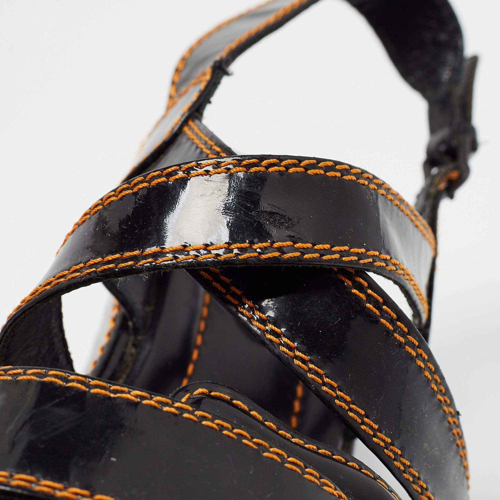 Women's Fendi Black/Gold Patent Wedge Ankle Strap Sandals Size 40