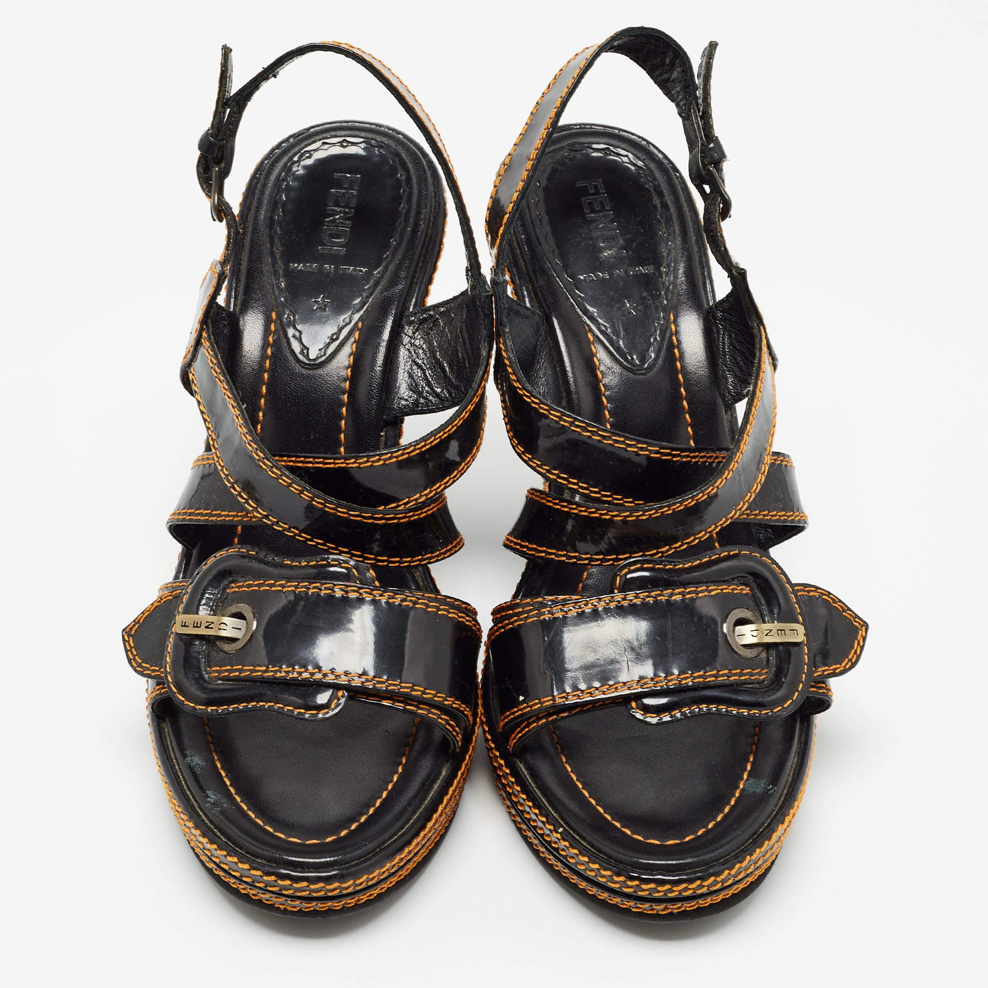 Fendi Black/Gold Patent Wedge Ankle Strap Sandals Size 40 1