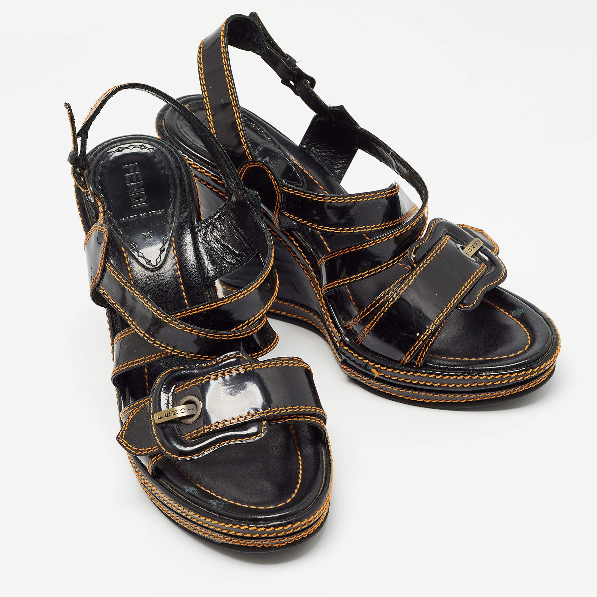 Fendi Black/Gold Patent Wedge Ankle Strap Sandals Size 40 2