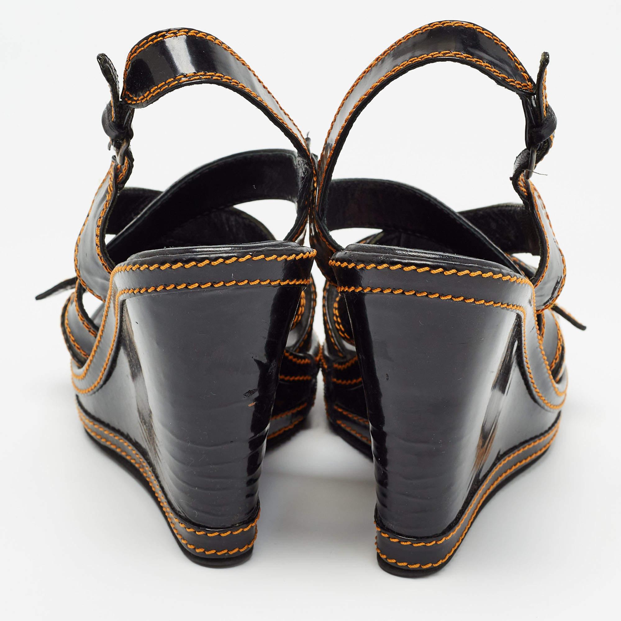 Fendi Black/Gold Patent Wedge Ankle Strap Sandals Size 40 3