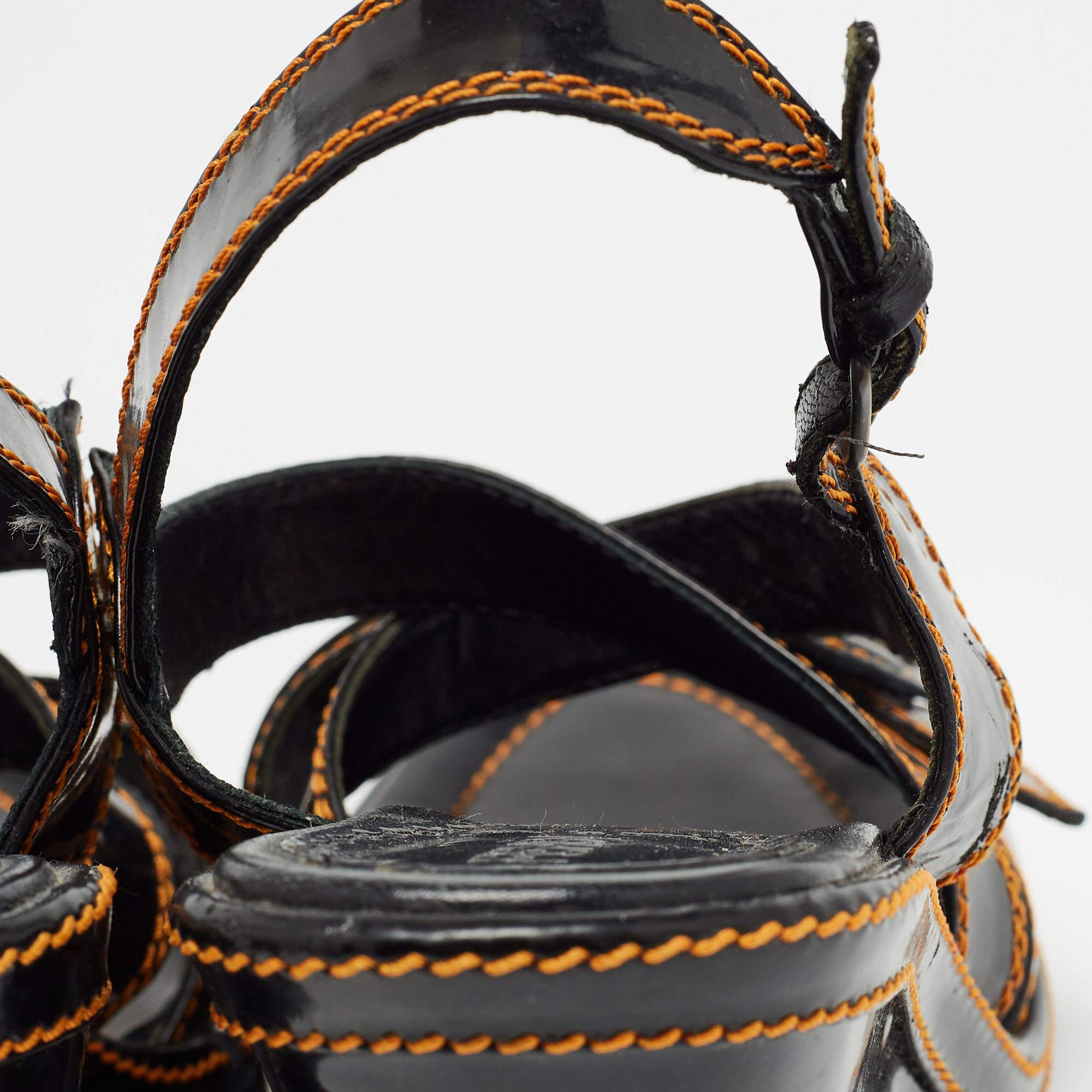 Fendi Black/Gold Patent Wedge Ankle Strap Sandals Size 40 4